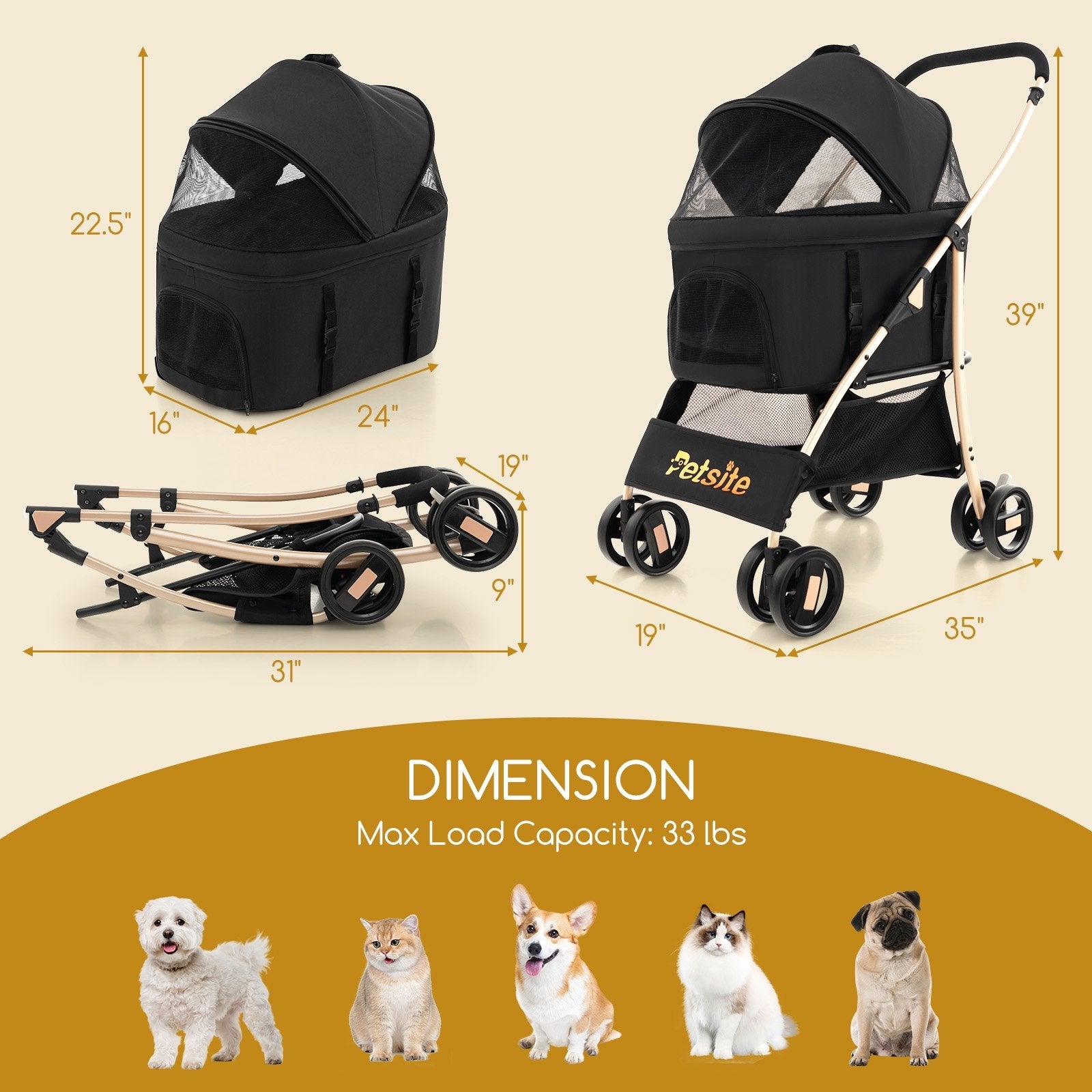 3-In-1 Pet Stroller with Removable Car Seat Carrier, Black Dog Supplies   at Gallery Canada