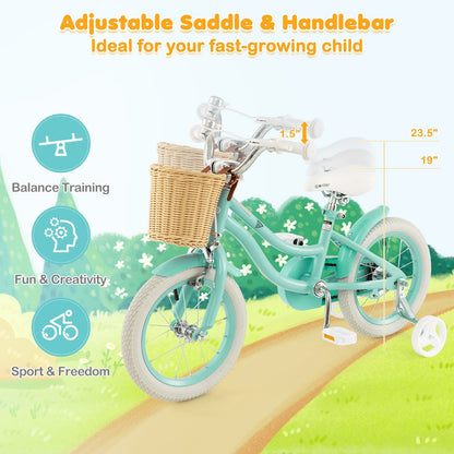 14-Inch Kids Bike with Training Wheels and Adjustable Handlebar Seat, Green Kids Bike   at Gallery Canada