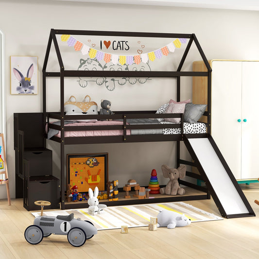 Twin over Twin Bunk Bed with Slide and 2-Step Storage Staircase, Espresso Bunk Bed Frame   at Gallery Canada