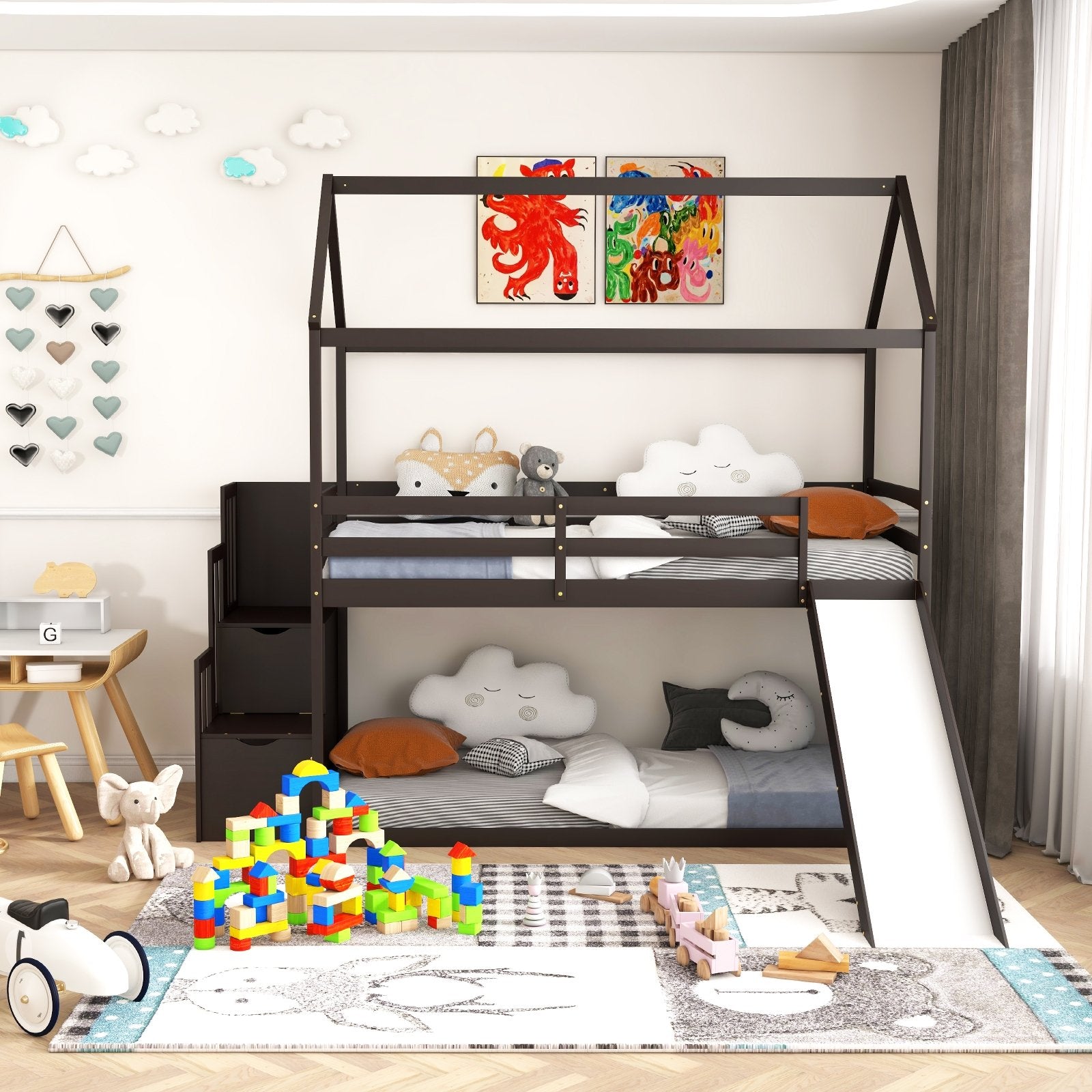 Twin over Twin Bunk Bed with Slide and 2-Step Storage Staircase, Espresso Bunk Bed Frame   at Gallery Canada