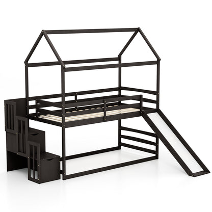 Twin over Twin Bunk Bed with Slide and 2-Step Storage Staircase, Espresso Bunk Bed Frame   at Gallery Canada