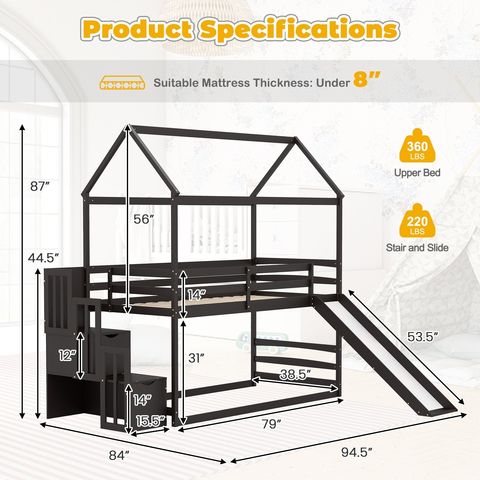 Twin over Twin Bunk Bed with Slide and 2-Step Storage Staircase, Espresso Bunk Bed Frame   at Gallery Canada