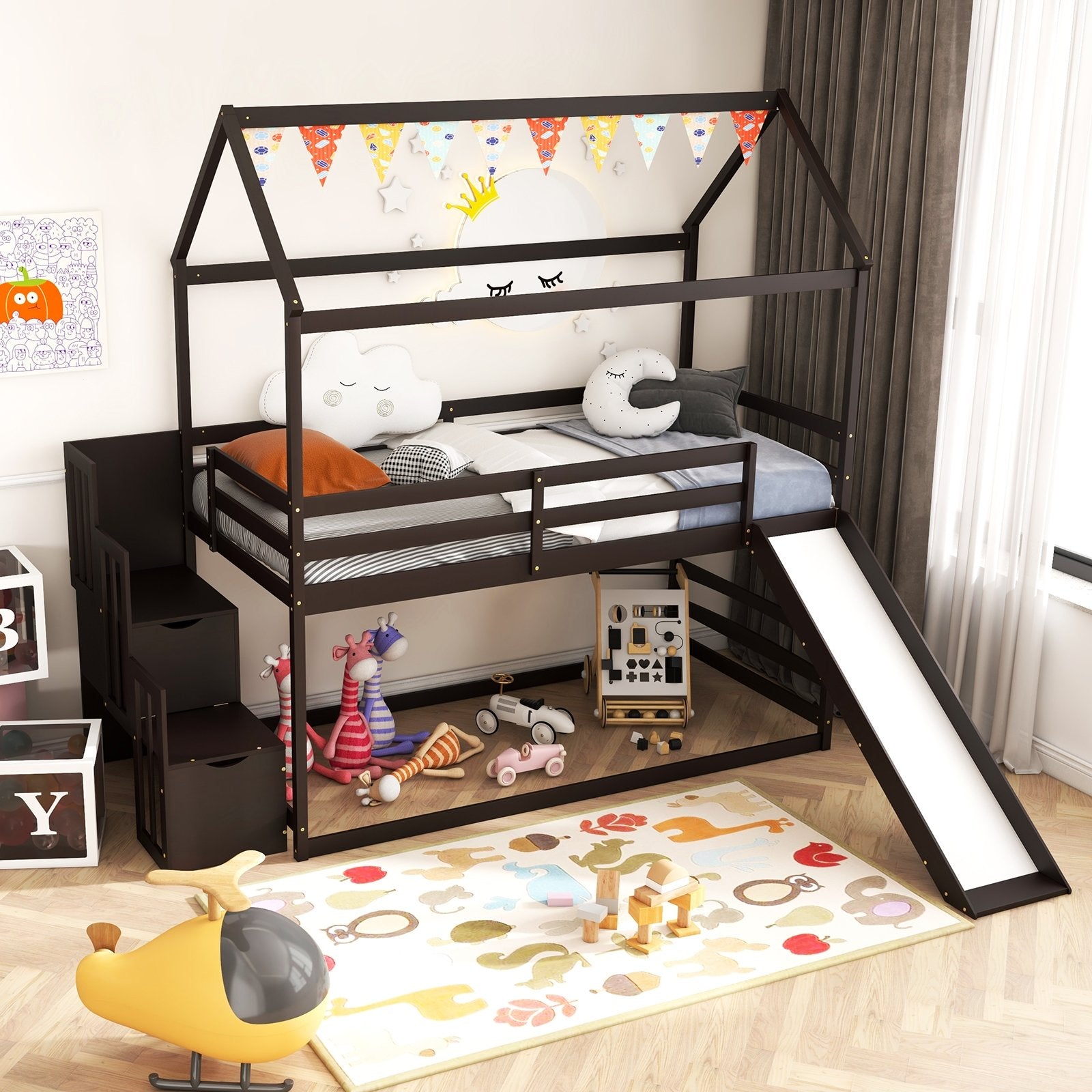 Twin over Twin Bunk Bed with Slide and 2-Step Storage Staircase, Espresso Bunk Bed Frame   at Gallery Canada