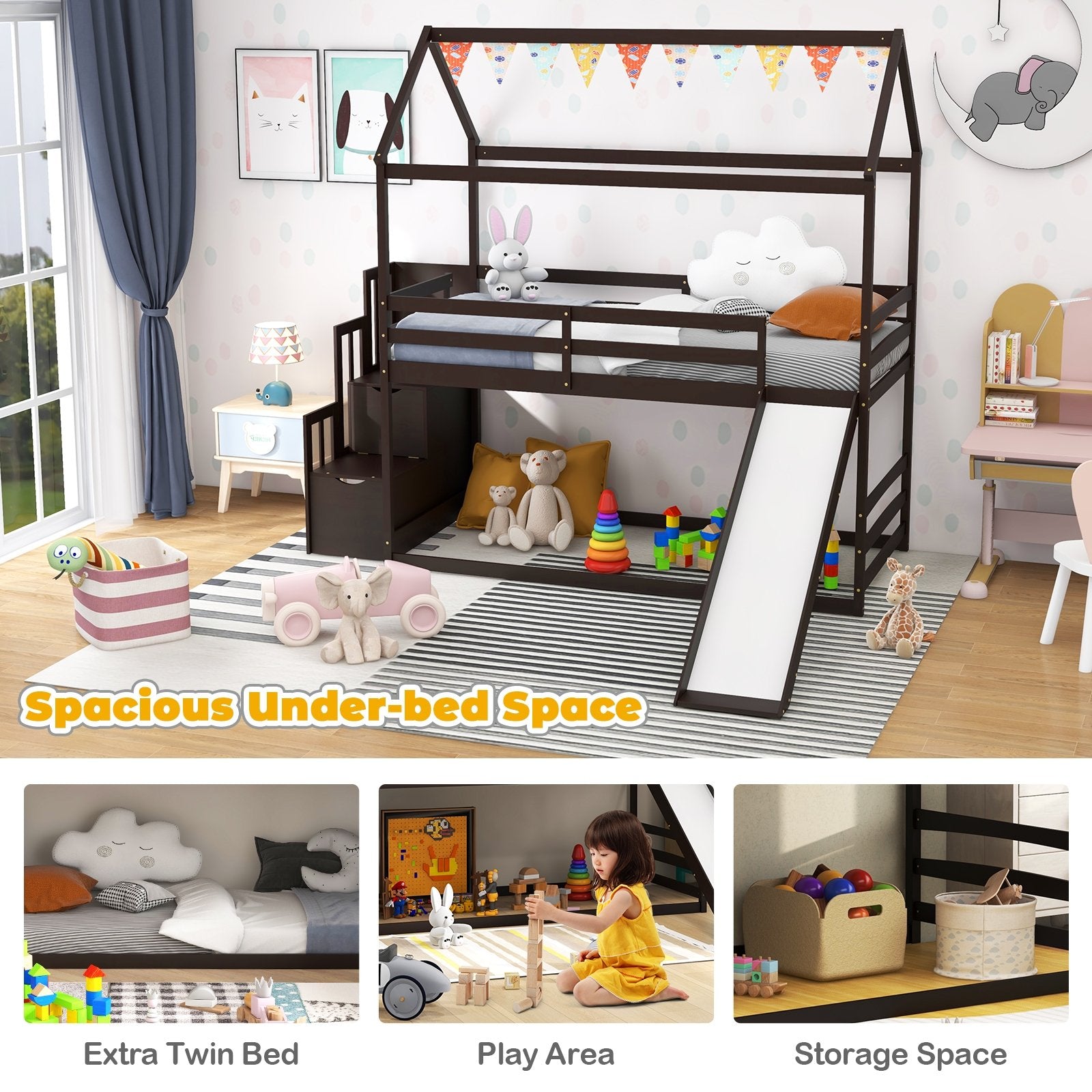 Twin over Twin Bunk Bed with Slide and 2-Step Storage Staircase, Espresso Bunk Bed Frame   at Gallery Canada