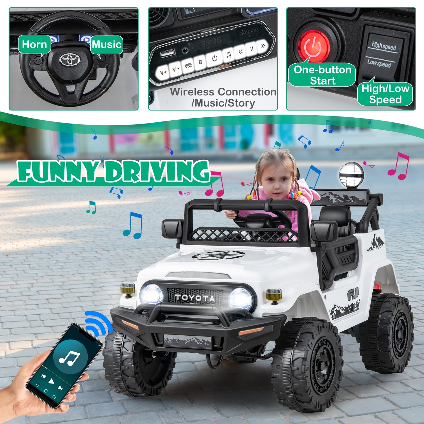 12V 7Ah Licensed Toyota FJ Cruiser Electric Car with Remote Control, White Powered Ride On Toys   at Gallery Canada