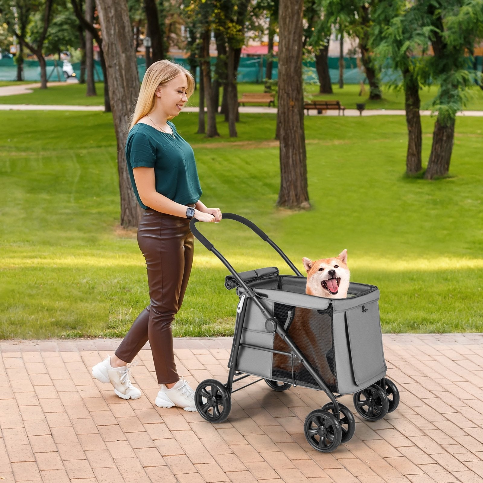 Folding Pet Stroller for Small and Medium Pets with Breathable Mesh andx One-Button Foldable, Gray Dog Supplies   at Gallery Canada