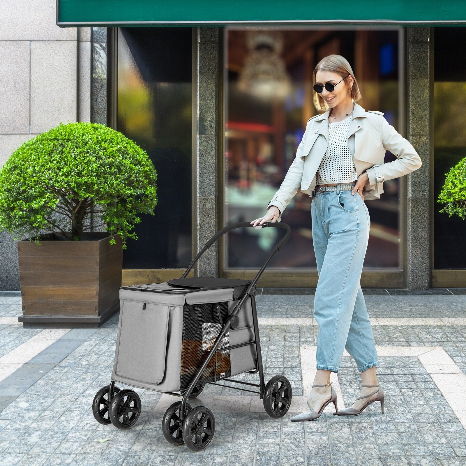 Folding Pet Stroller for Small and Medium Pets with Breathable Mesh andx One-Button Foldable, Gray Dog Supplies   at Gallery Canada