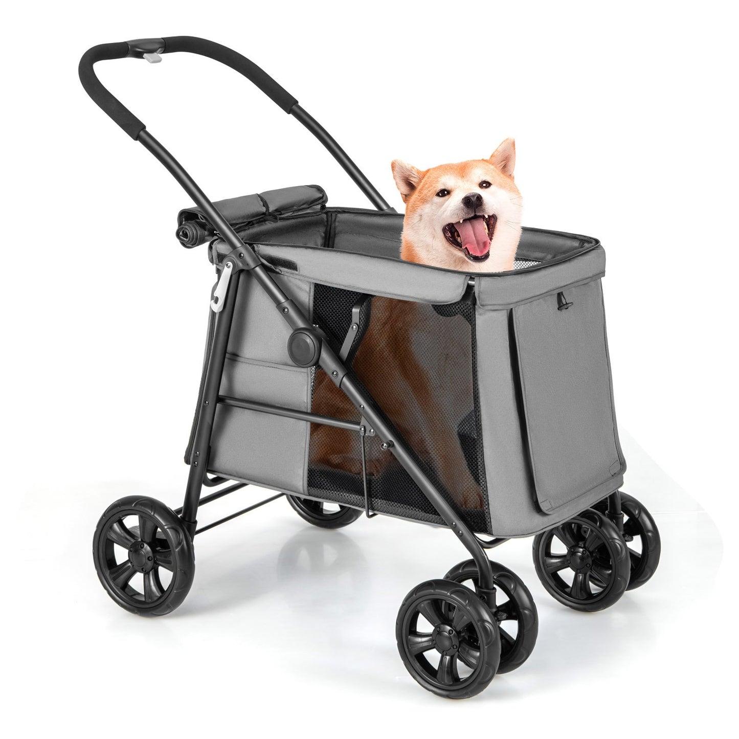 Folding Pet Stroller for Small and Medium Pets with Breathable Mesh andx One-Button Foldable, Gray Dog Supplies   at Gallery Canada