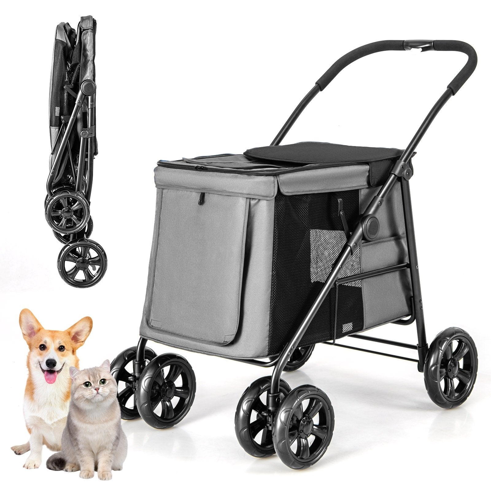 Folding Pet Stroller for Small and Medium Pets with Breathable Mesh andx One-Button Foldable, Gray Dog Supplies   at Gallery Canada