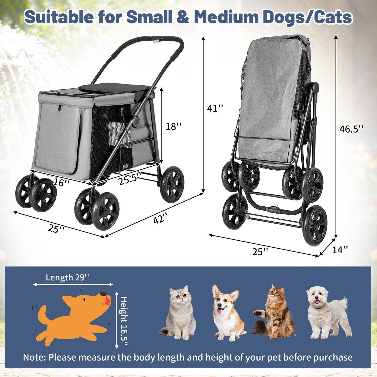 Folding Pet Stroller for Small and Medium Pets with Breathable Mesh andx One-Button Foldable, Gray Dog Supplies   at Gallery Canada