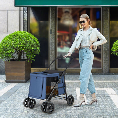 Folding Pet Stroller for Small and Medium Pets with Breathable Mesh andx One-Button Foldable, Blue Dog Supplies   at Gallery Canada