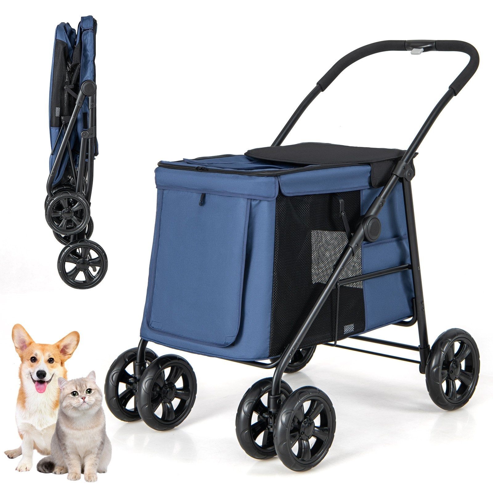 Folding Pet Stroller for Small and Medium Pets with Breathable Mesh andx One-Button Foldable, Blue Dog Supplies   at Gallery Canada