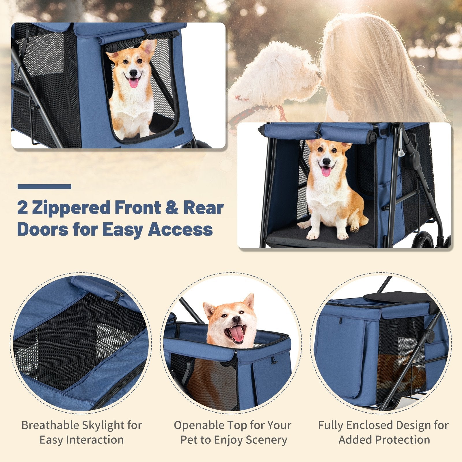 Folding Pet Stroller for Small and Medium Pets with Breathable Mesh andx One-Button Foldable, Blue Dog Supplies   at Gallery Canada