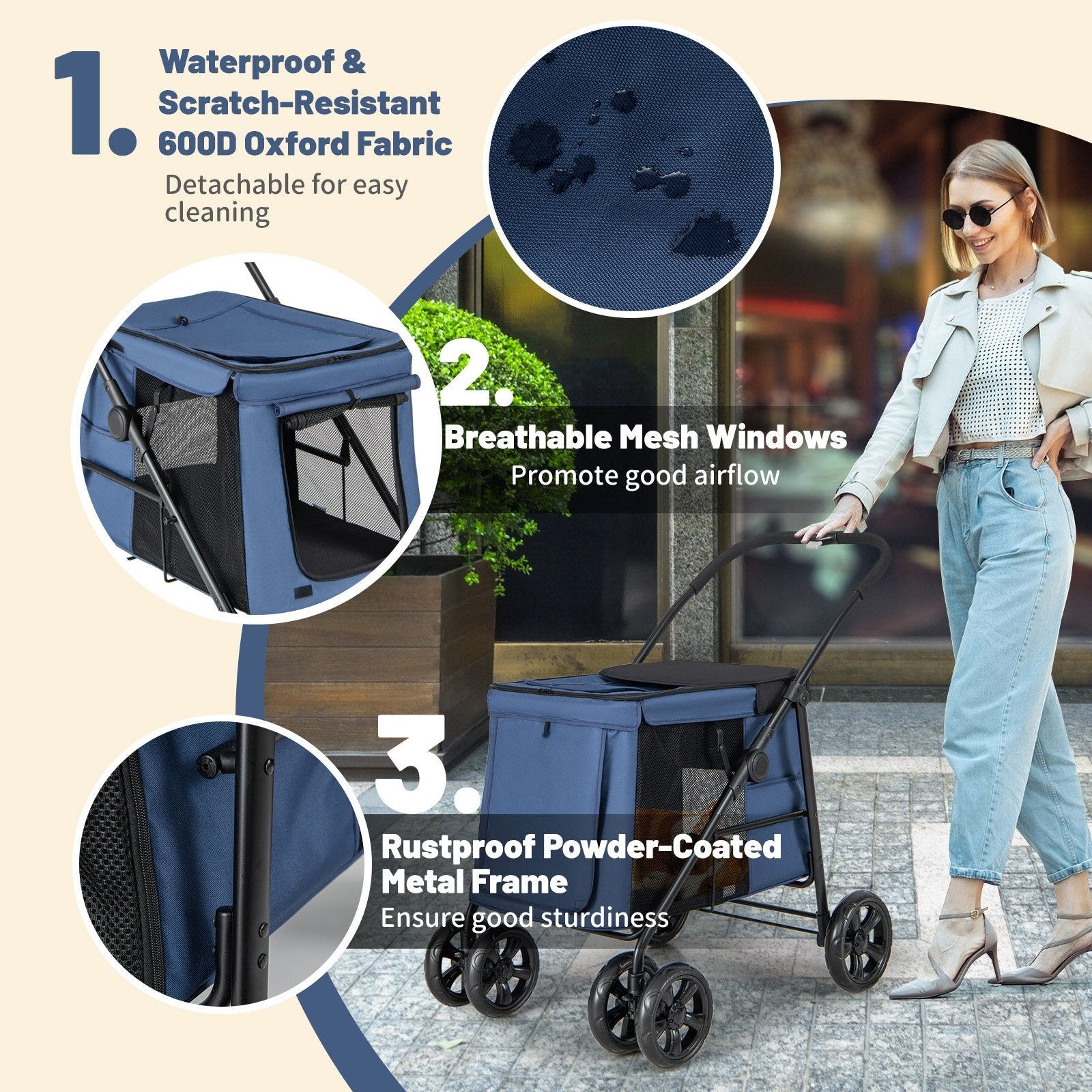 Folding Pet Stroller for Small and Medium Pets with Breathable Mesh andx One-Button Foldable, Blue Dog Supplies   at Gallery Canada