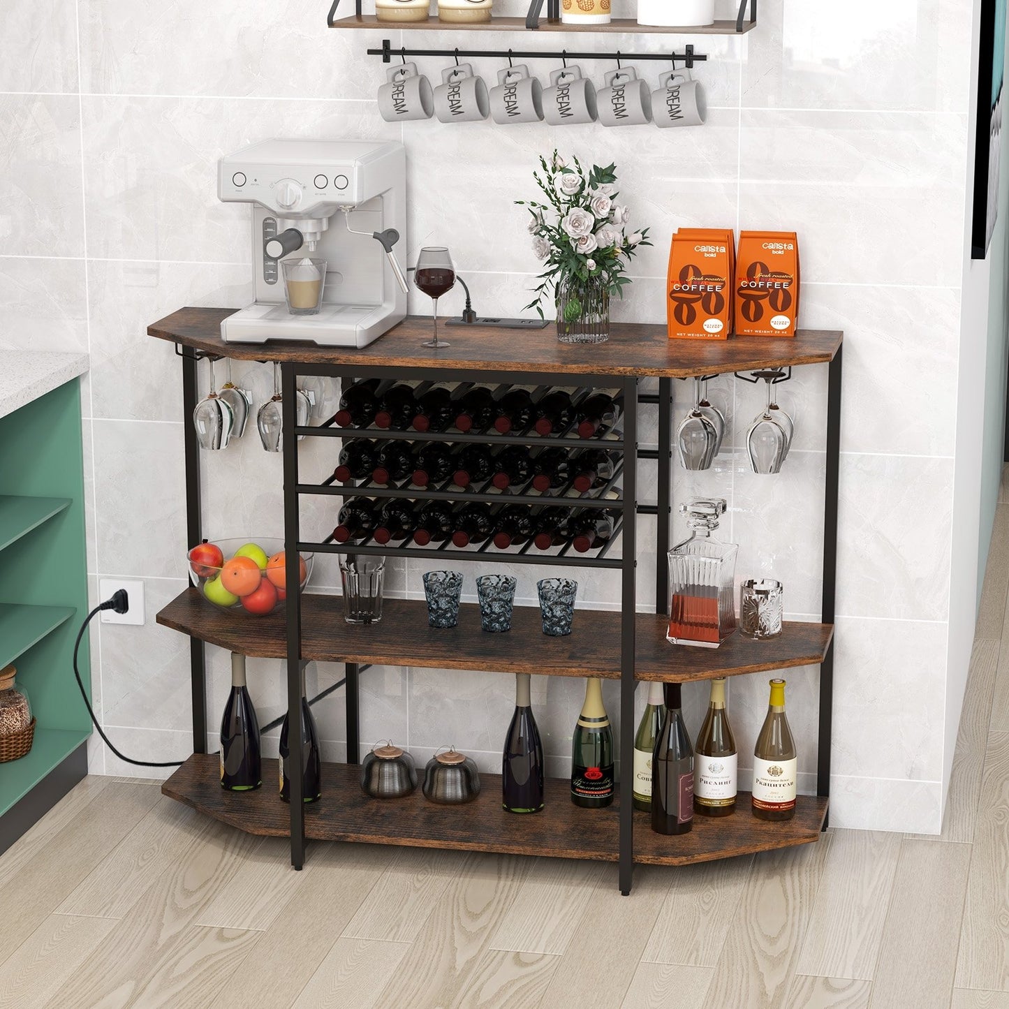 3-Tier Wine Bar Cabinet with Storage Shelves, Brown Wine Racks   at Gallery Canada