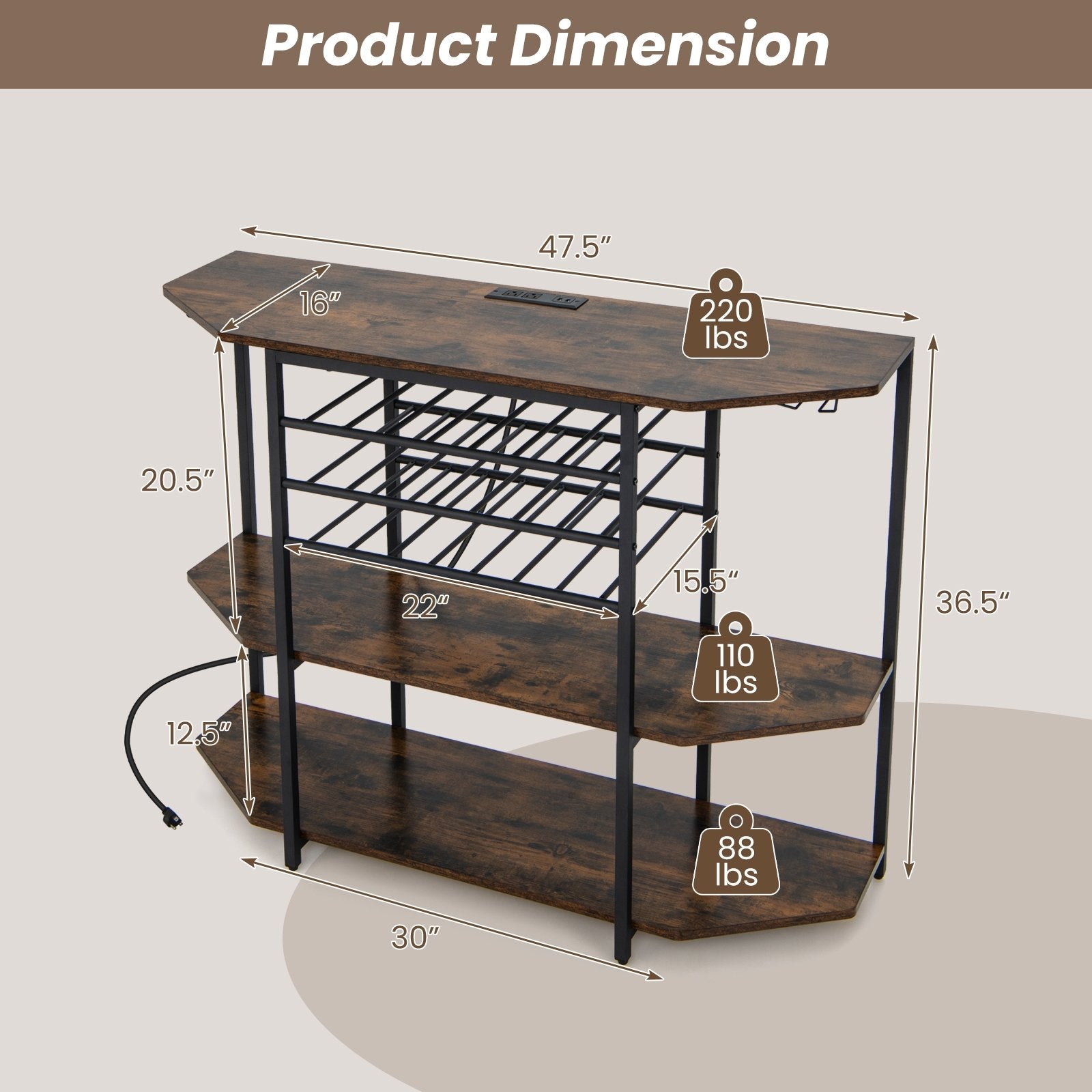 3-Tier Wine Bar Cabinet with Storage Shelves, Brown Wine Racks   at Gallery Canada