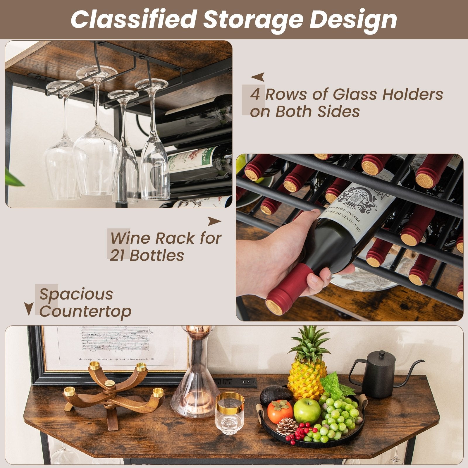 3-Tier Wine Bar Cabinet with Storage Shelves, Brown Wine Racks   at Gallery Canada