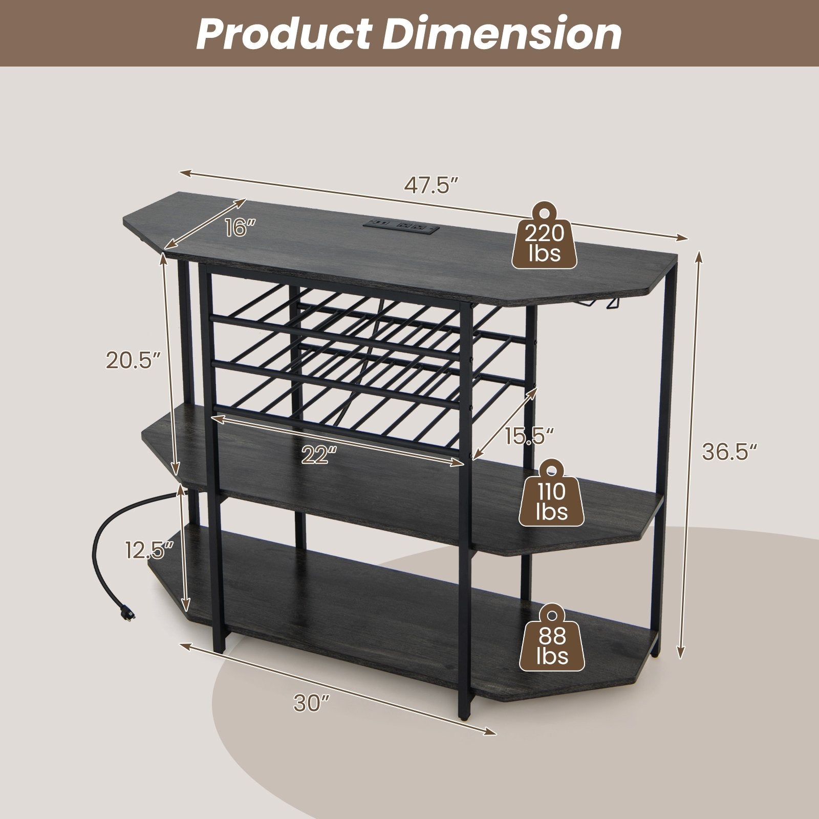 3-Tier Wine Bar Cabinet with Storage Shelves, Gray Wine Racks   at Gallery Canada