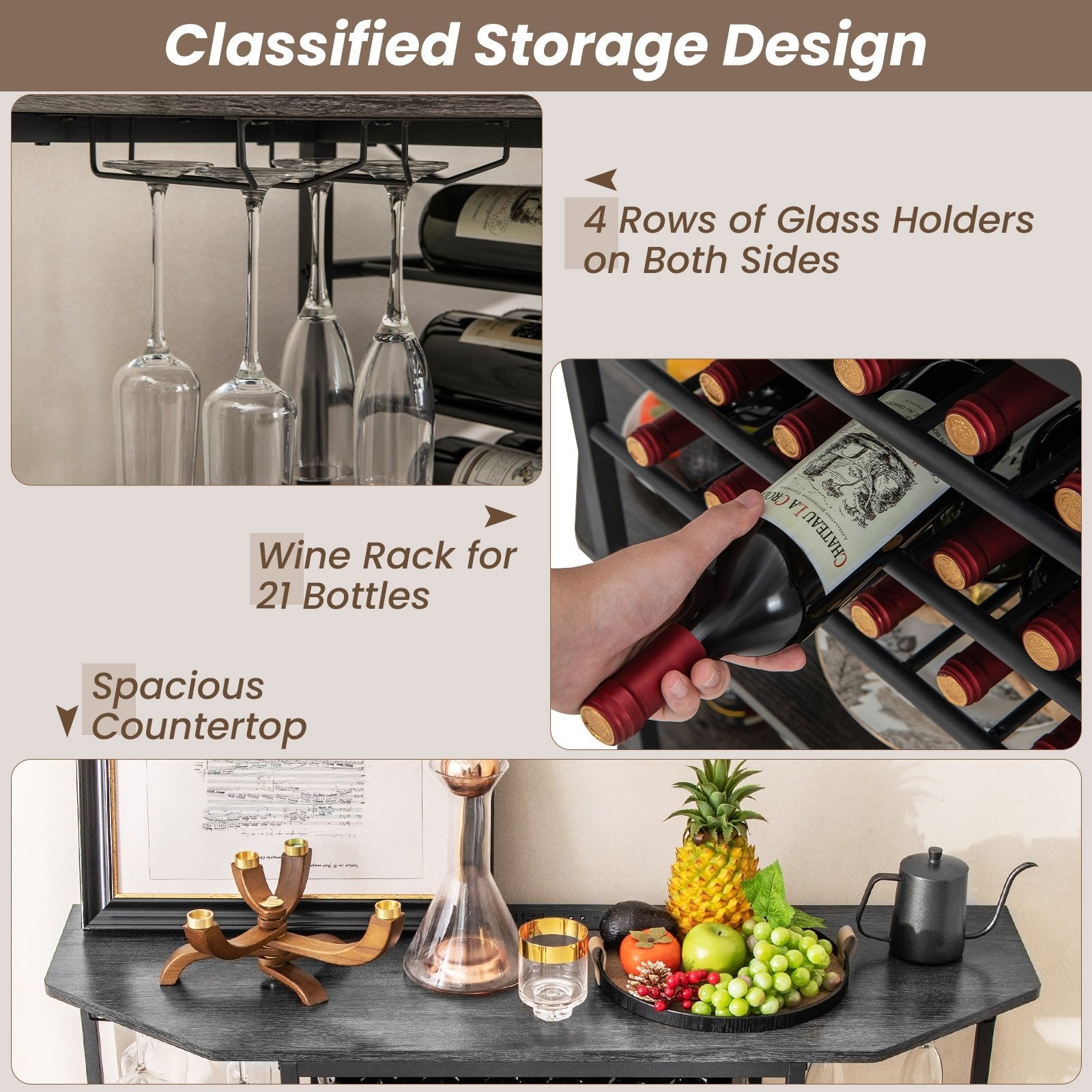 3-Tier Wine Bar Cabinet with Storage Shelves, Gray Wine Racks   at Gallery Canada