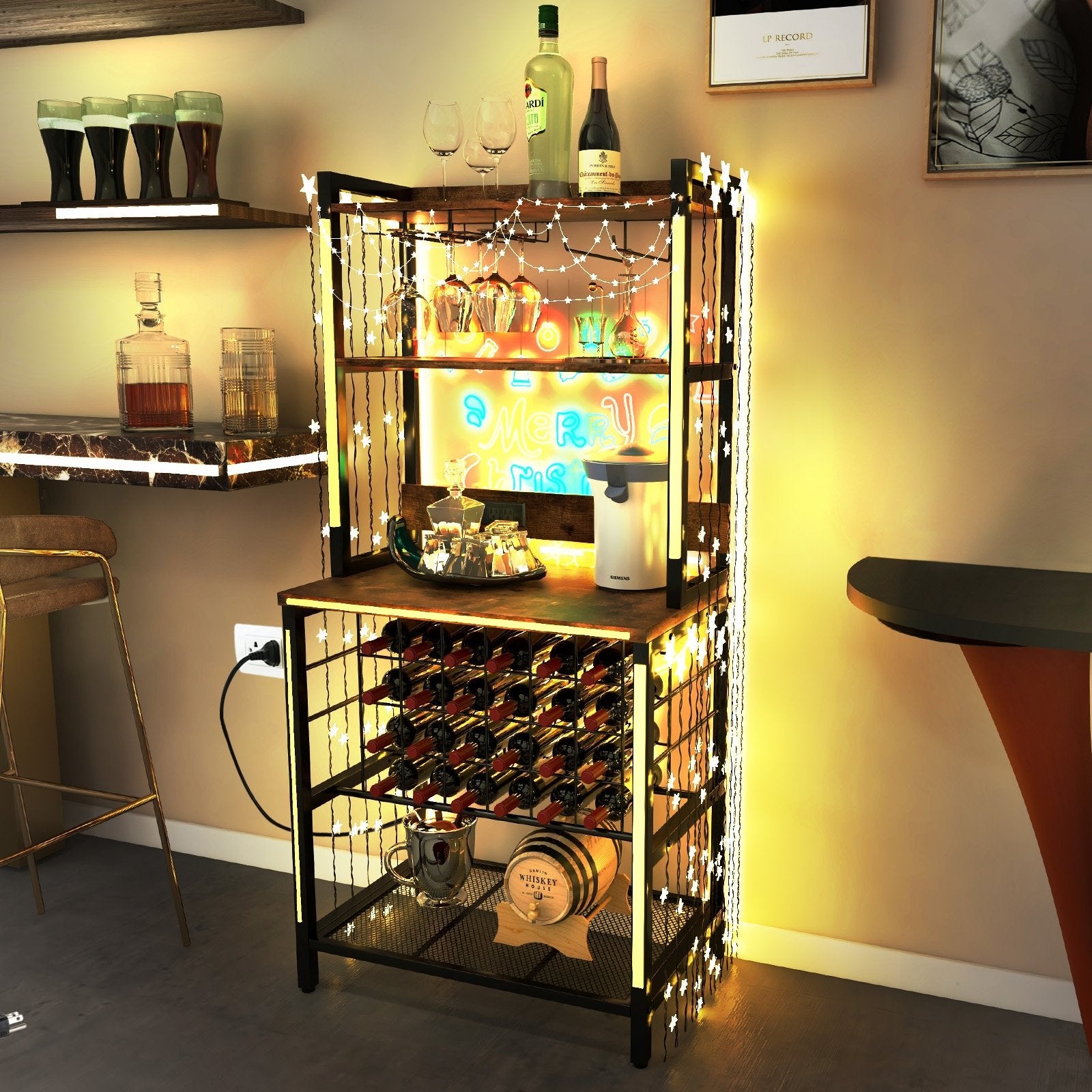 Wine Bar Cabinet Wine Rack with 4 Tier Storage Shelves and Glass Holders, Brown Wine Racks   at Gallery Canada