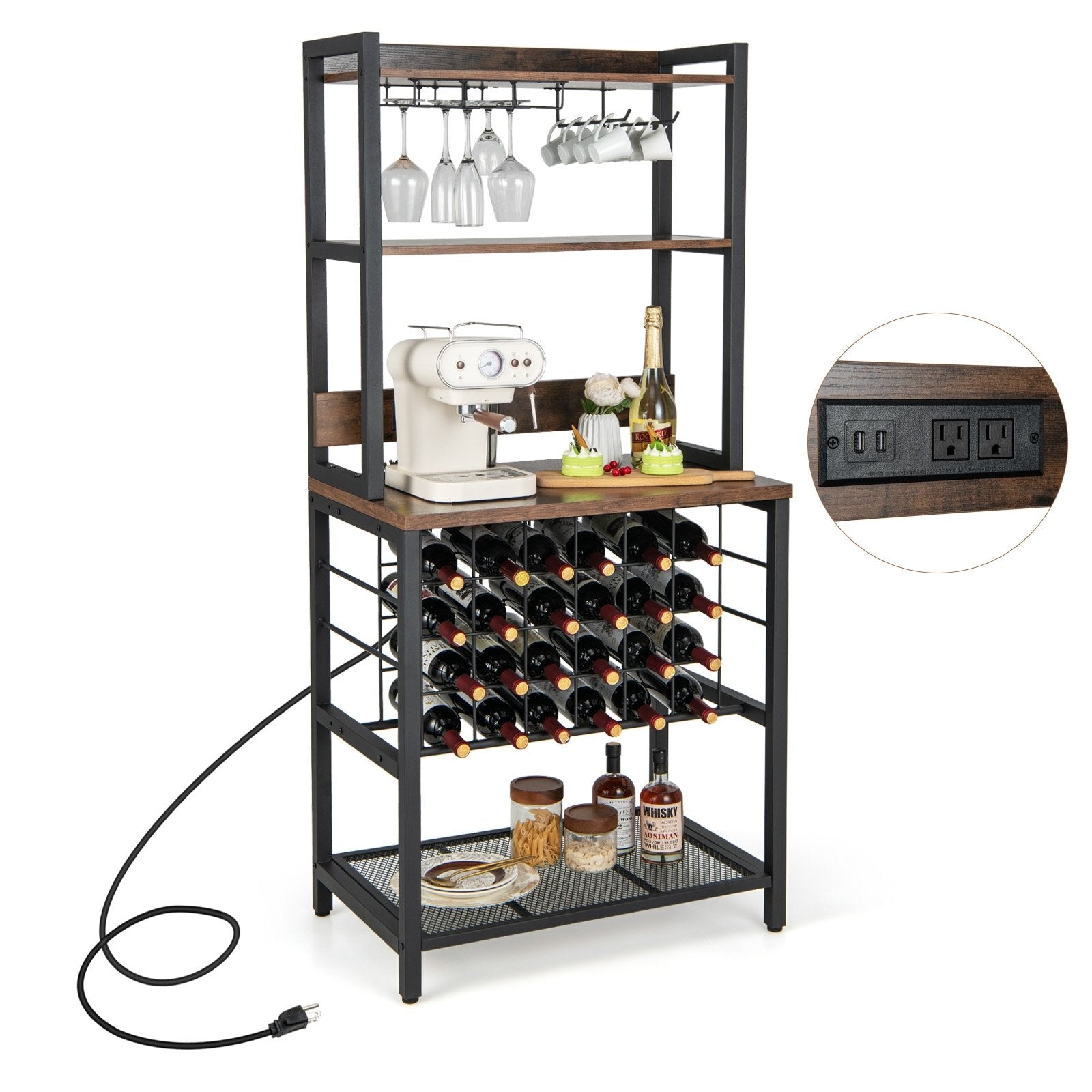 Wine Bar Cabinet Wine Rack with 4 Tier Storage Shelves and Glass Holders, Brown Wine Racks   at Gallery Canada