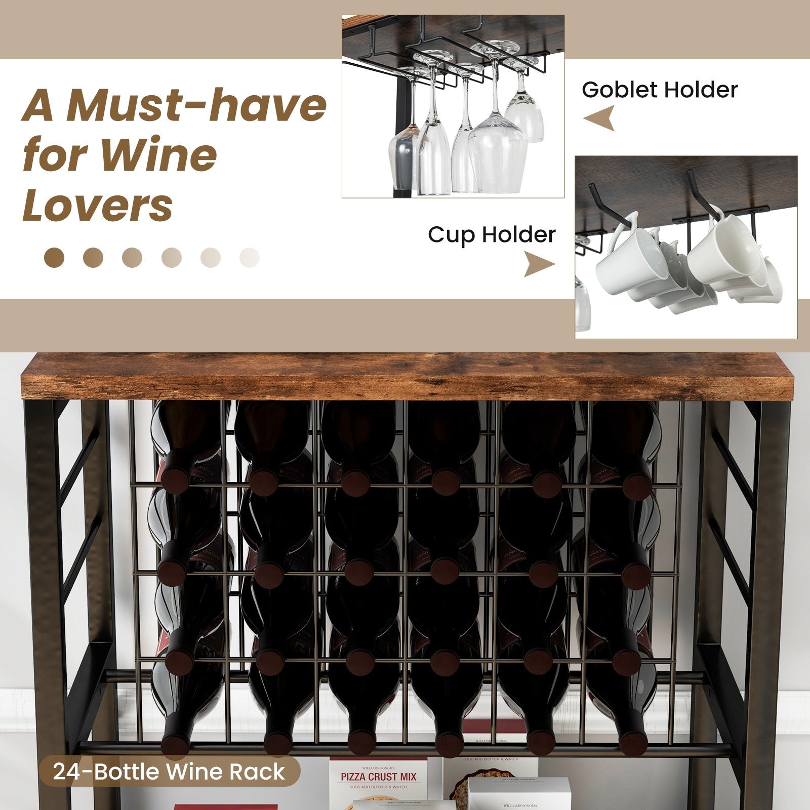 Wine Bar Cabinet Wine Rack with 4 Tier Storage Shelves and Glass Holders, Brown Wine Racks   at Gallery Canada