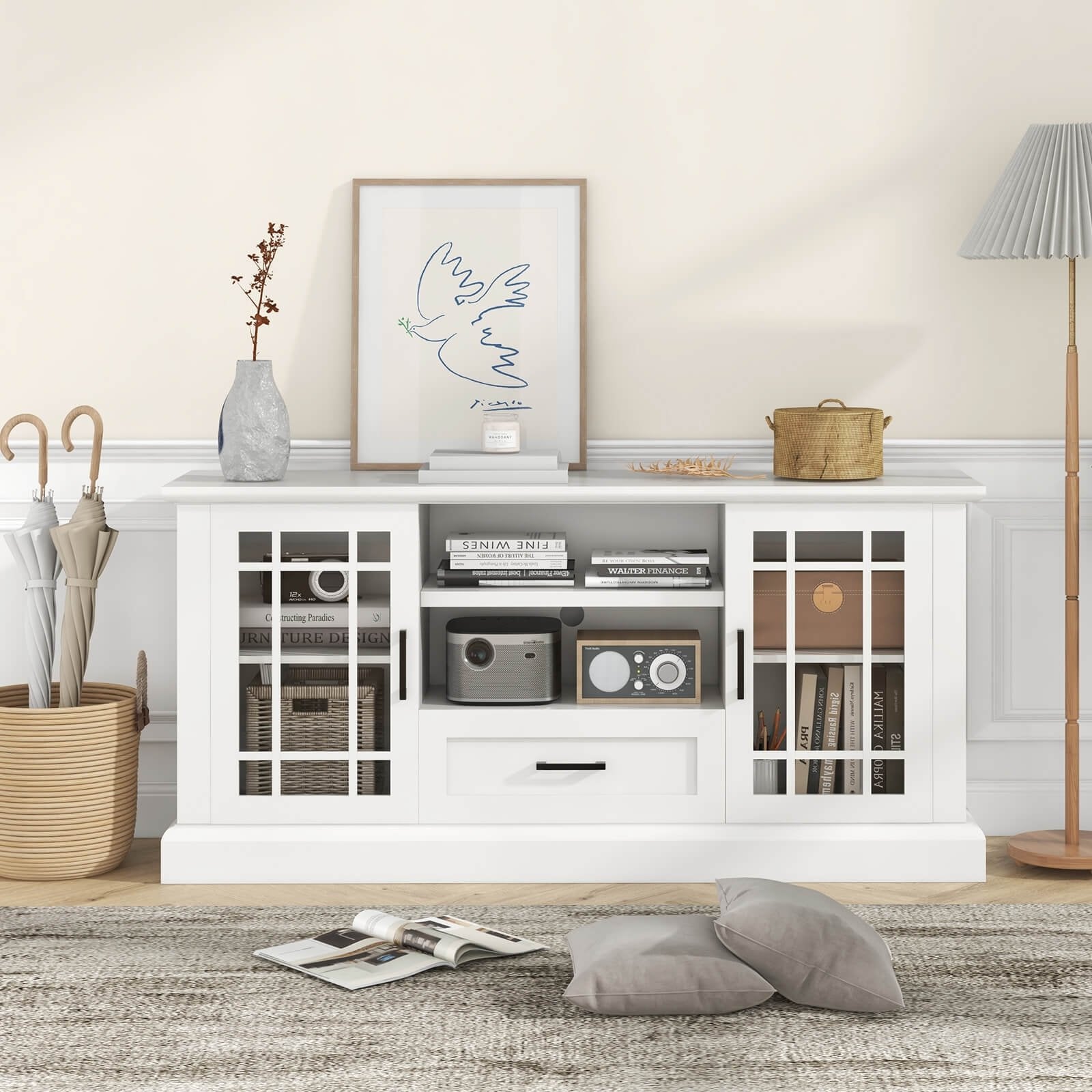 TV Stand for TVs up to 70  with Glass Doors Cubbies and Drawer, White Entertainment Centers & TV Stands   at Gallery Canada