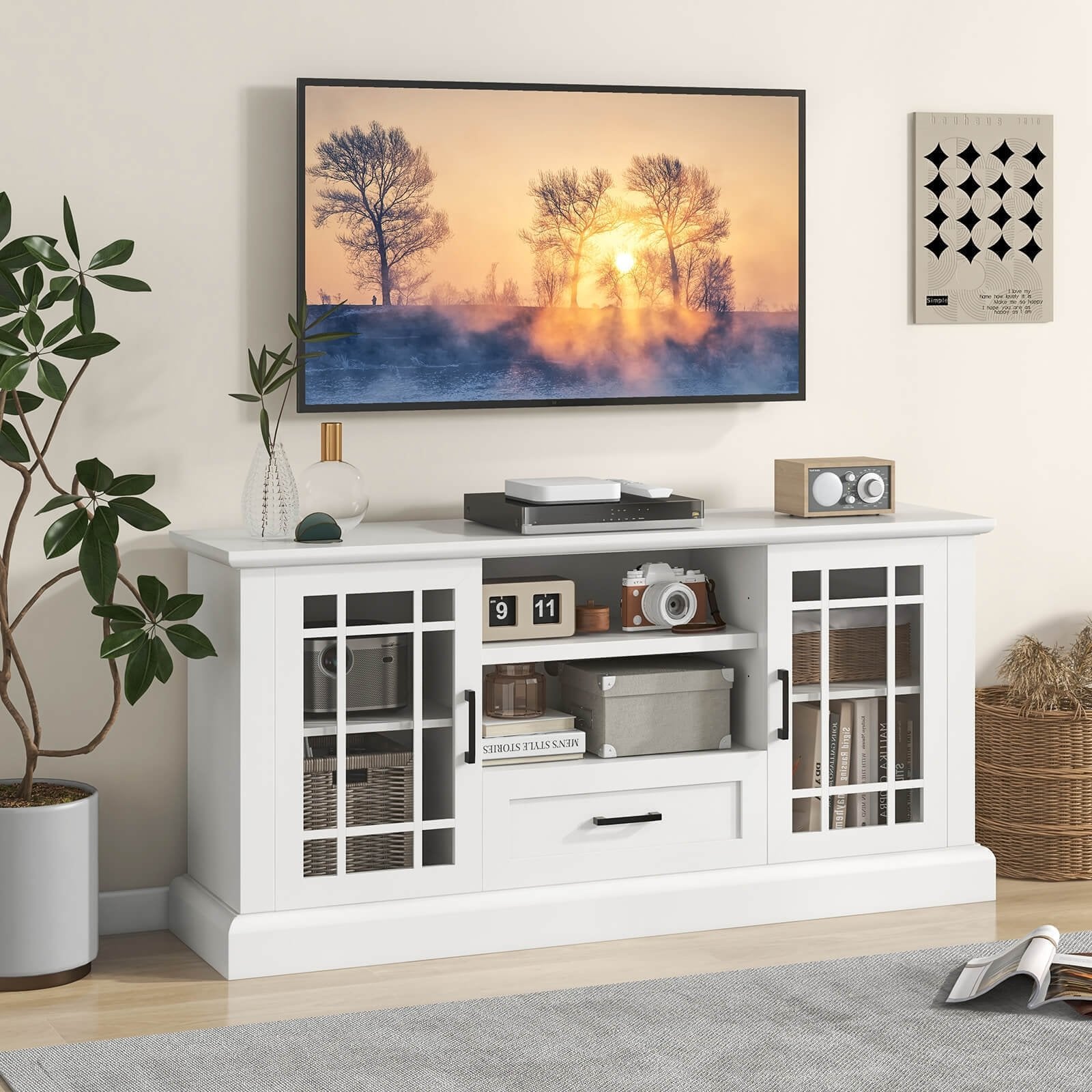 TV Stand for TVs up to 70  with Glass Doors Cubbies and Drawer, White Entertainment Centers & TV Stands   at Gallery Canada