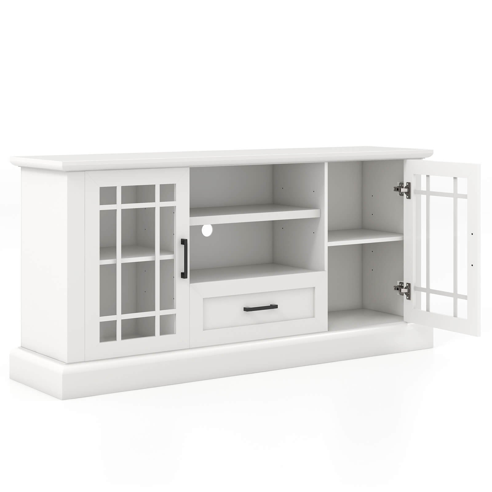 TV Stand for TVs up to 70  with Glass Doors Cubbies and Drawer, White Entertainment Centers & TV Stands   at Gallery Canada