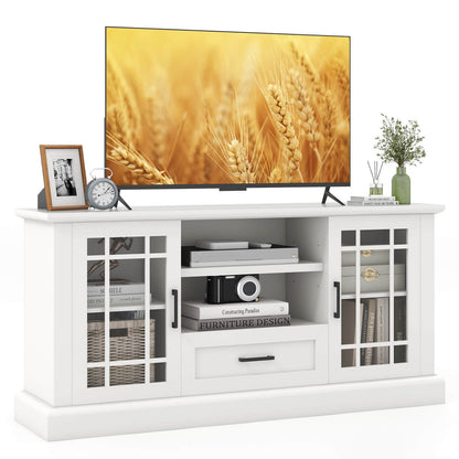 TV Stand for TVs up to 70  with Glass Doors Cubbies and Drawer, White Entertainment Centers & TV Stands   at Gallery Canada