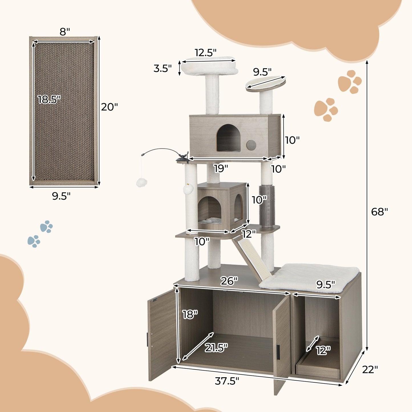 Cat Tree with Litter Box Enclosure for Indoor Cars, Gray Cat Trees Condos & Scratchers   at Gallery Canada