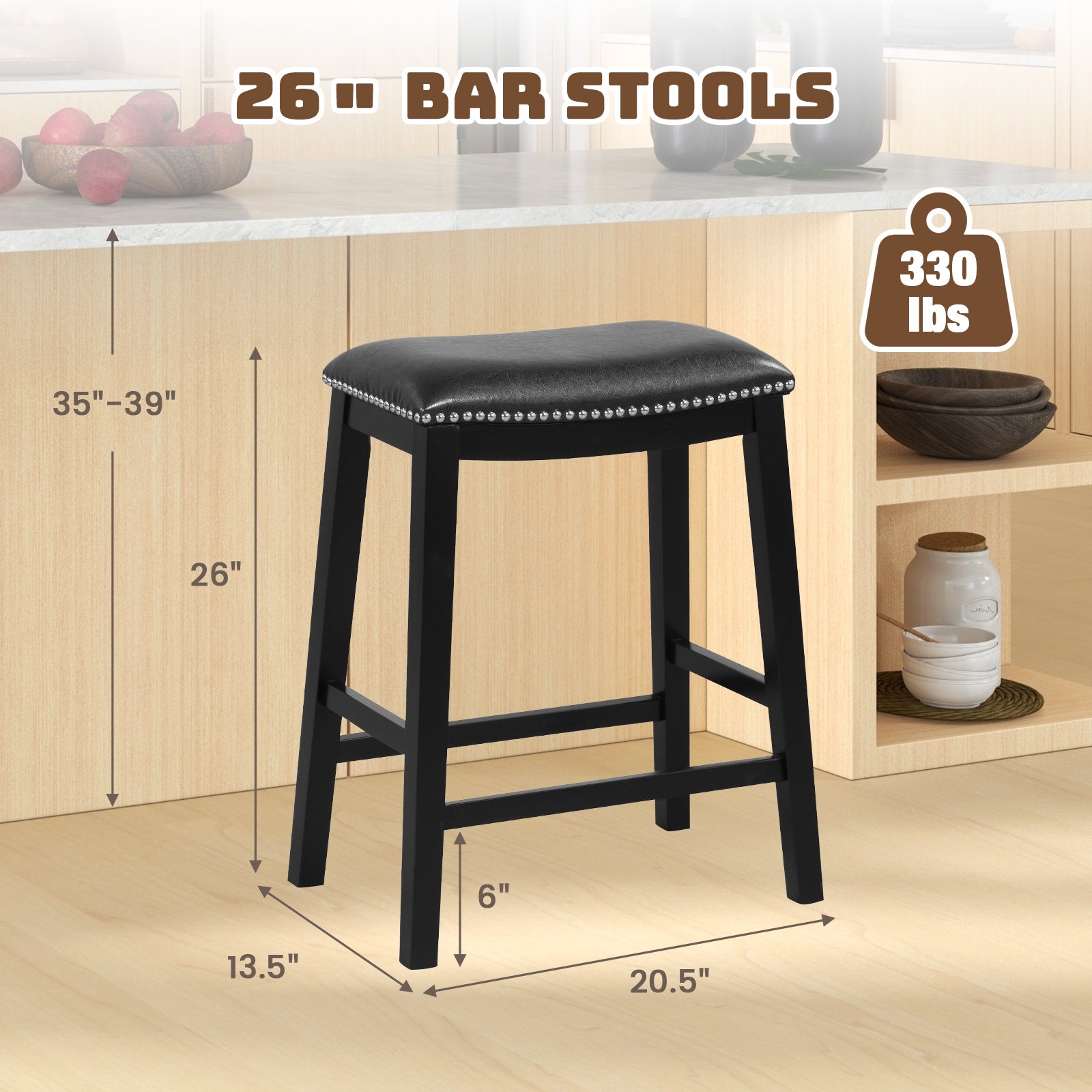 26 Inch Counter Height Bar Stool Set of 2 with Upholstered Seat, Black Bar Stools at Gallery Canada