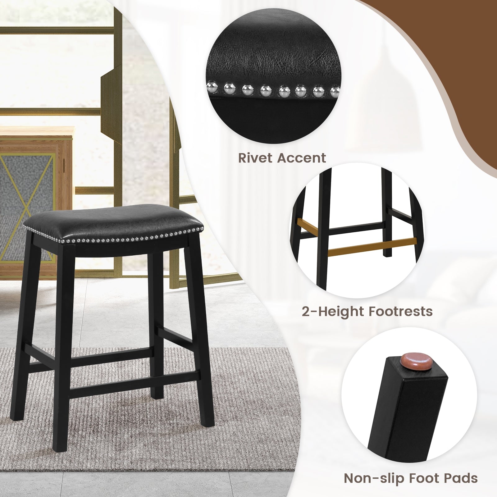 26 Inch Counter Height Bar Stool Set of 2 with Upholstered Seat, Black Bar Stools at Gallery Canada