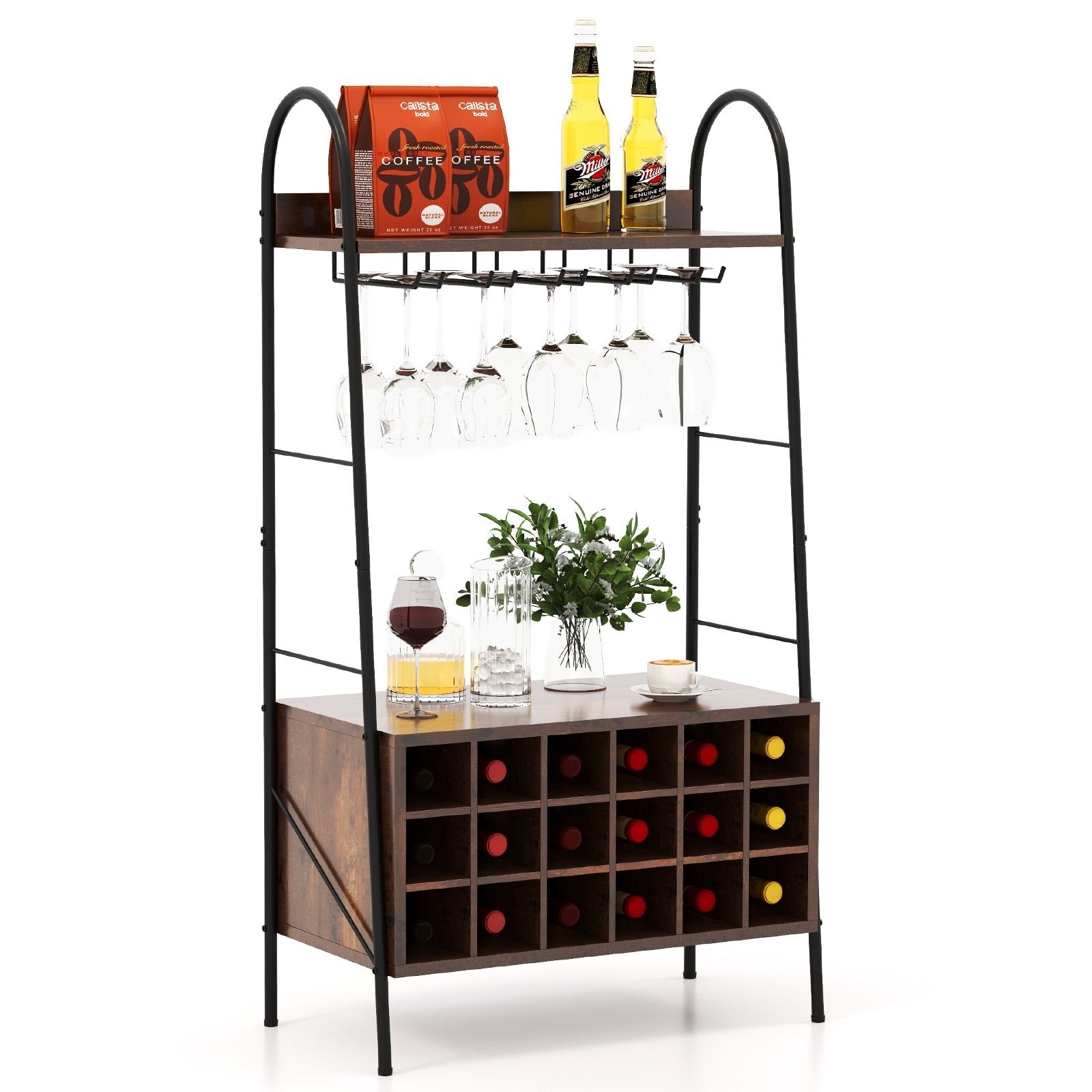 Baker's Rack with Detachable Wine Rack and 5 Rows of Stemware Holder-Rustic Brown , Rustic Brown Baker's Racks   at Gallery Canada