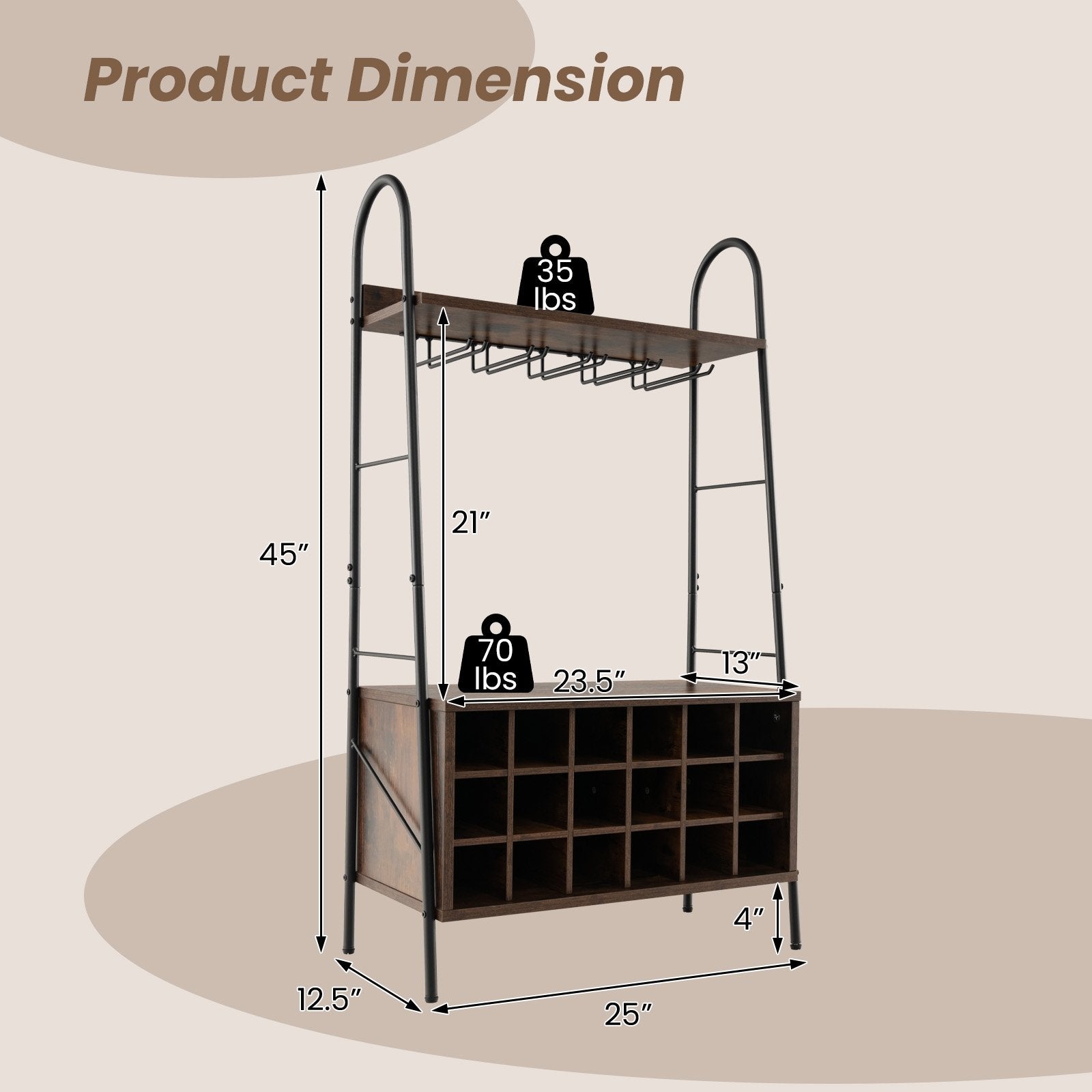 Baker's Rack with Detachable Wine Rack and 5 Rows of Stemware Holder-Rustic Brown , Rustic Brown Baker's Racks   at Gallery Canada