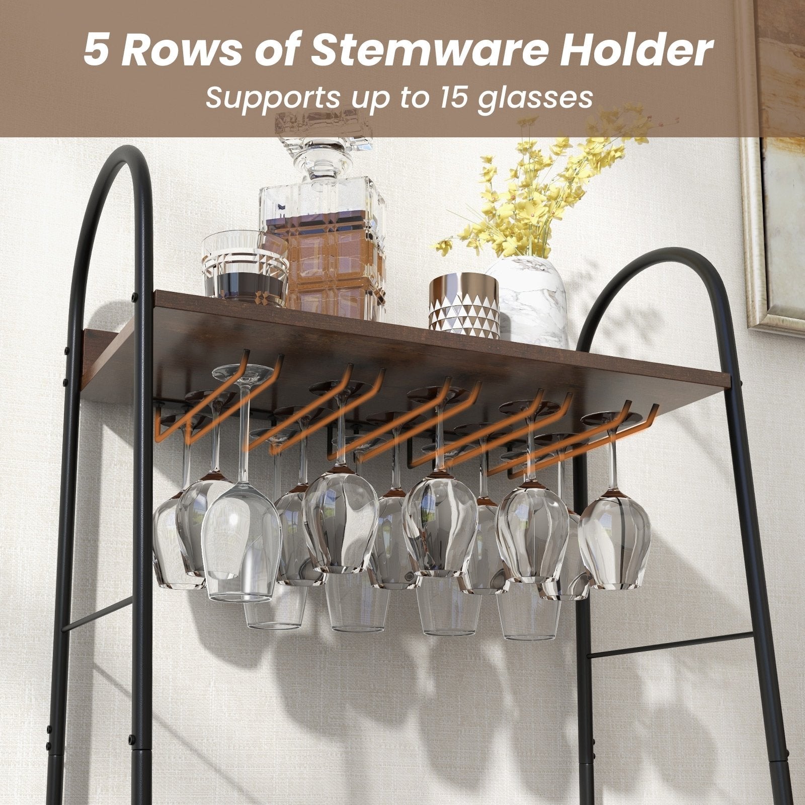 Baker's Rack with Detachable Wine Rack and 5 Rows of Stemware Holder-Rustic Brown , Rustic Brown Baker's Racks   at Gallery Canada