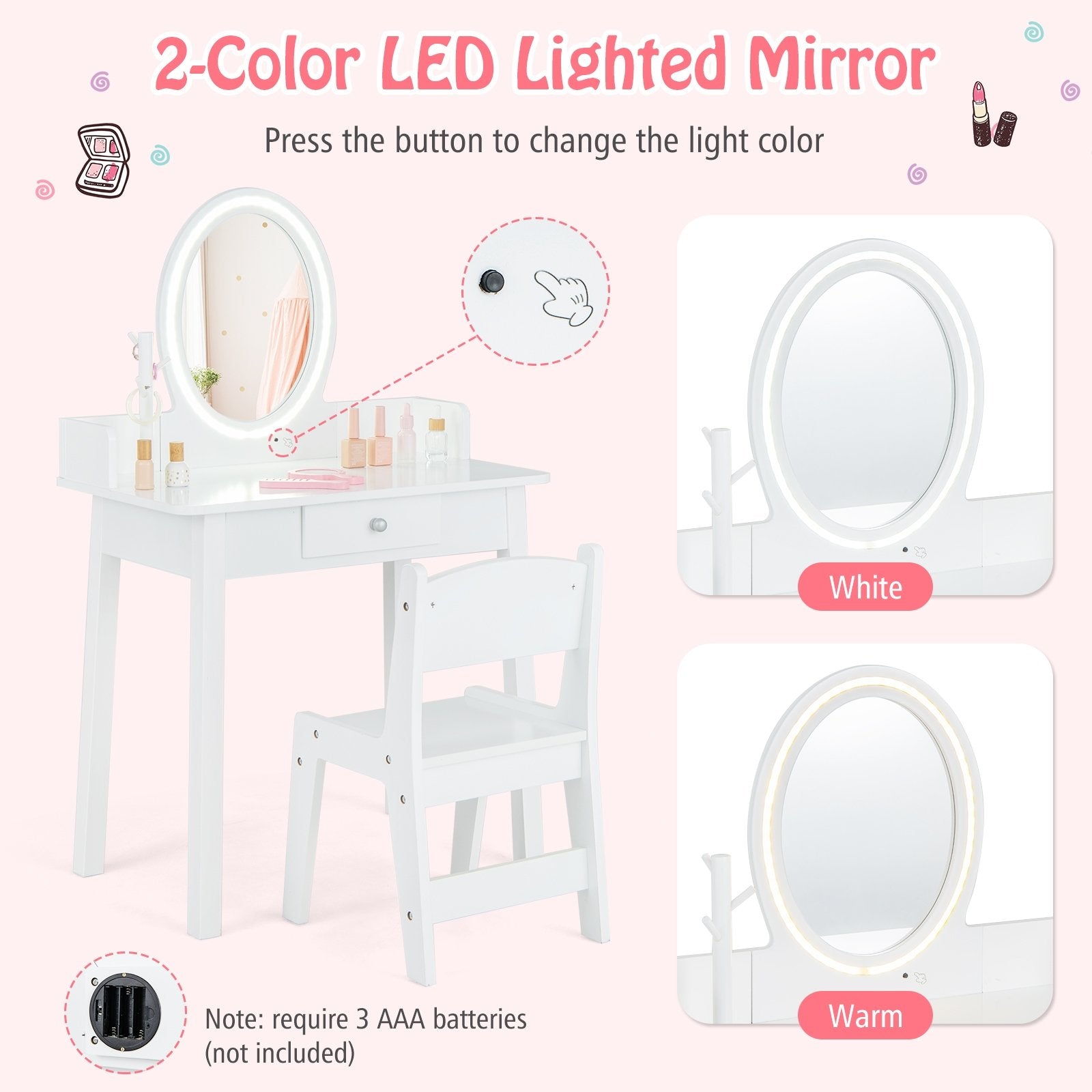 Kids Vanity Set with Lighted Mirror, White Kids Vanities   at Gallery Canada