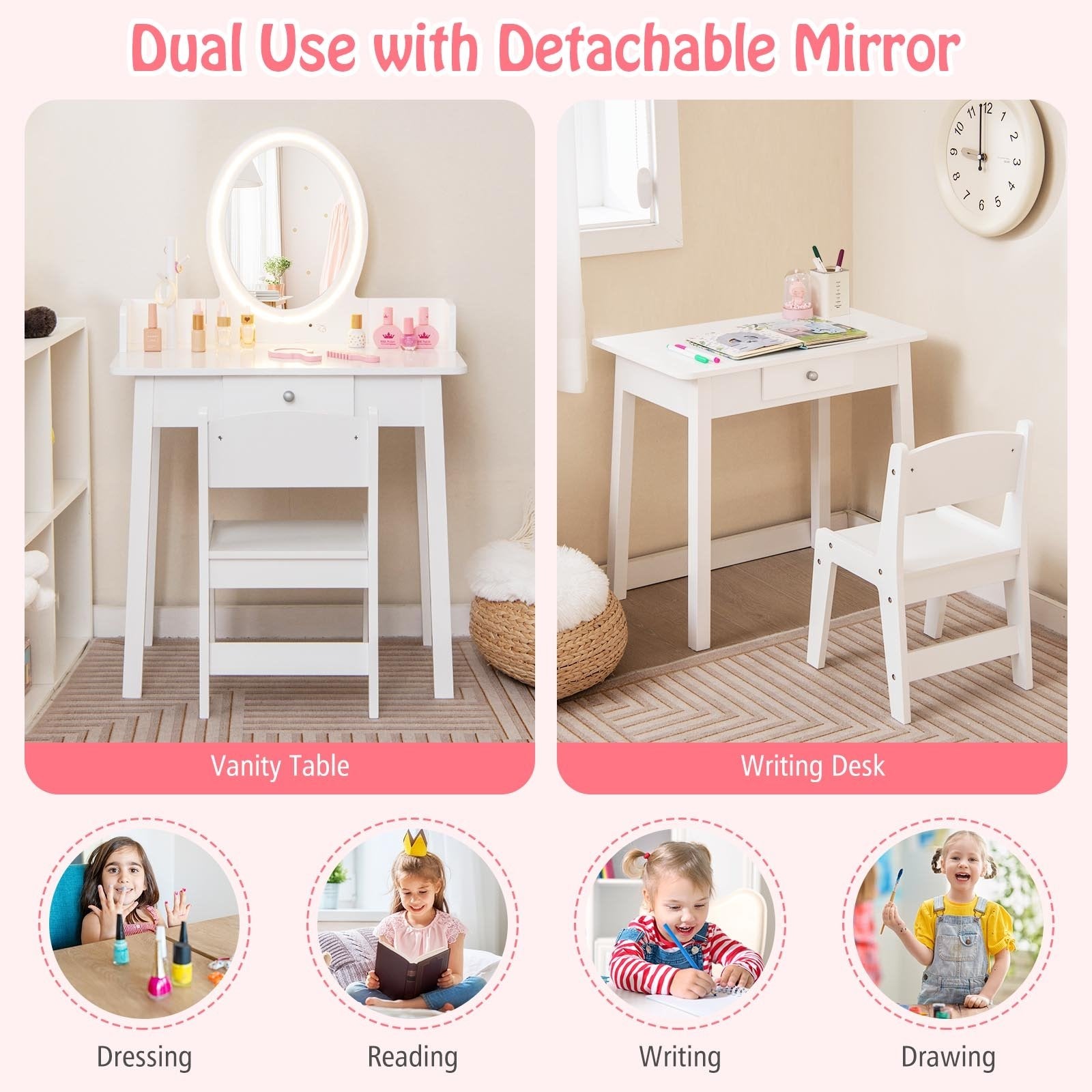 Kids Vanity Set with Lighted Mirror, White Kids Vanities   at Gallery Canada