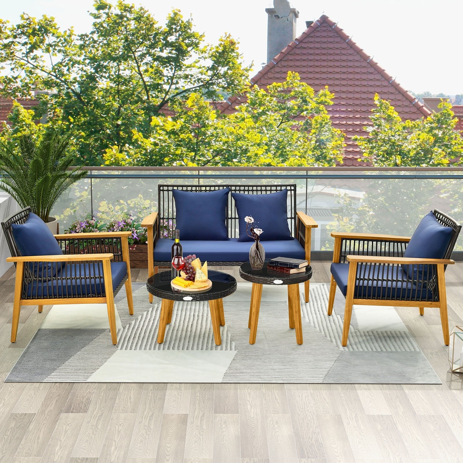 5 Piece Outdoor Conversation Set with 2 Coffee Tables for Backyard Poolside, Navy Patio Conversation Sets   at Gallery Canada