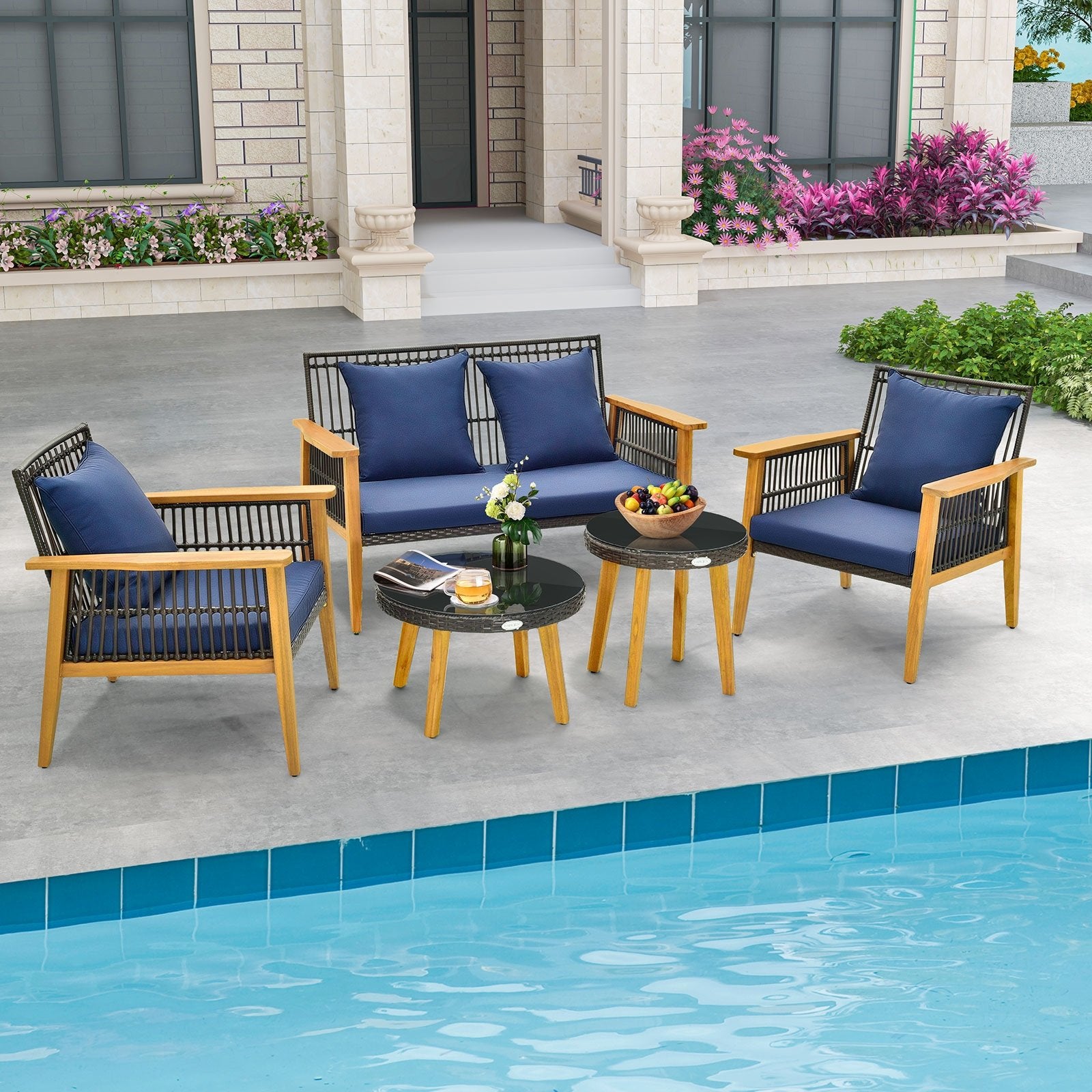 5 Piece Outdoor Conversation Set with 2 Coffee Tables for Backyard Poolside, Navy Patio Conversation Sets   at Gallery Canada