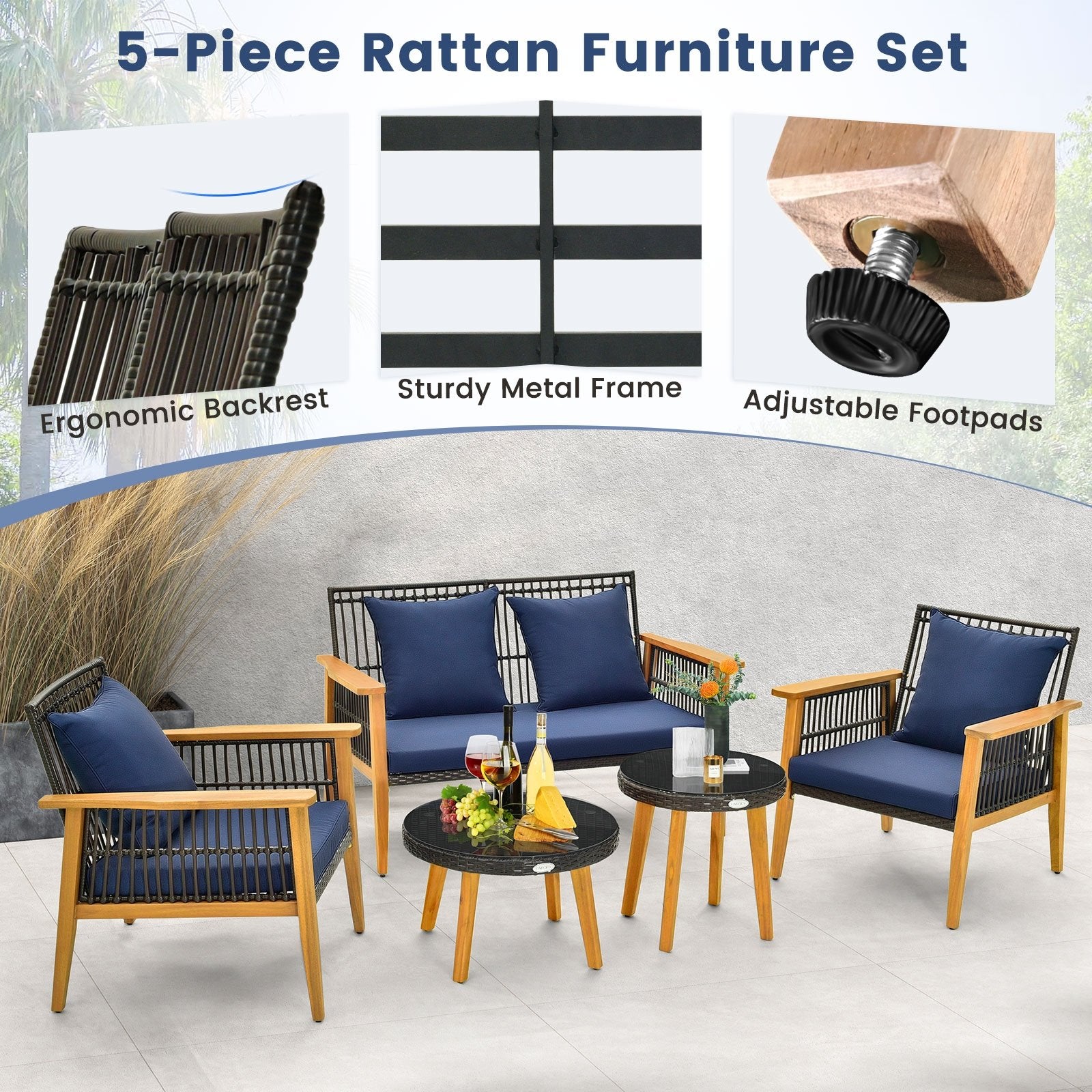 5 Piece Outdoor Conversation Set with 2 Coffee Tables for Backyard Poolside, Navy Patio Conversation Sets   at Gallery Canada