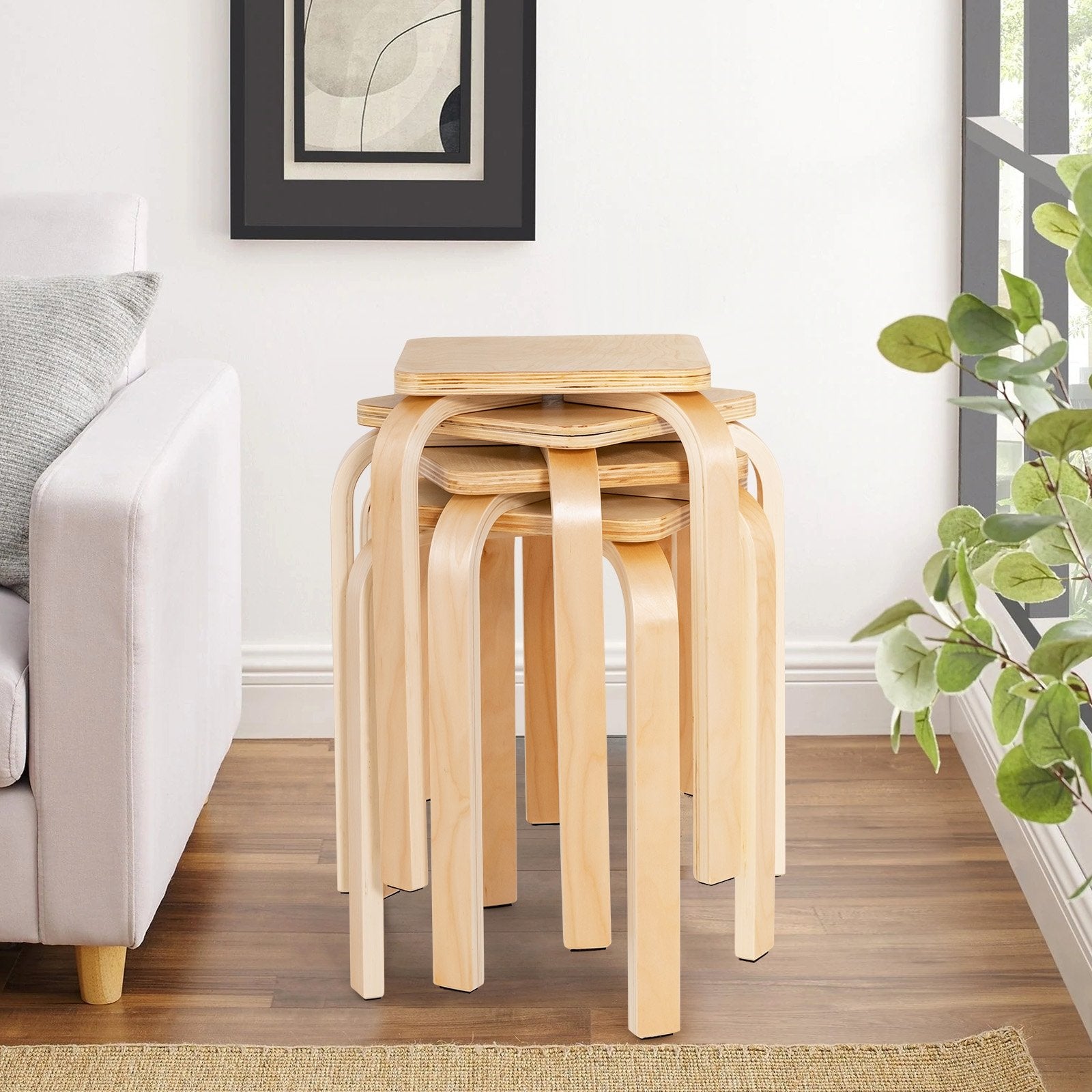 Stackable Stools Set of 4 with Square Top and Rounded Corners, Natural Dining Chairs   at Gallery Canada