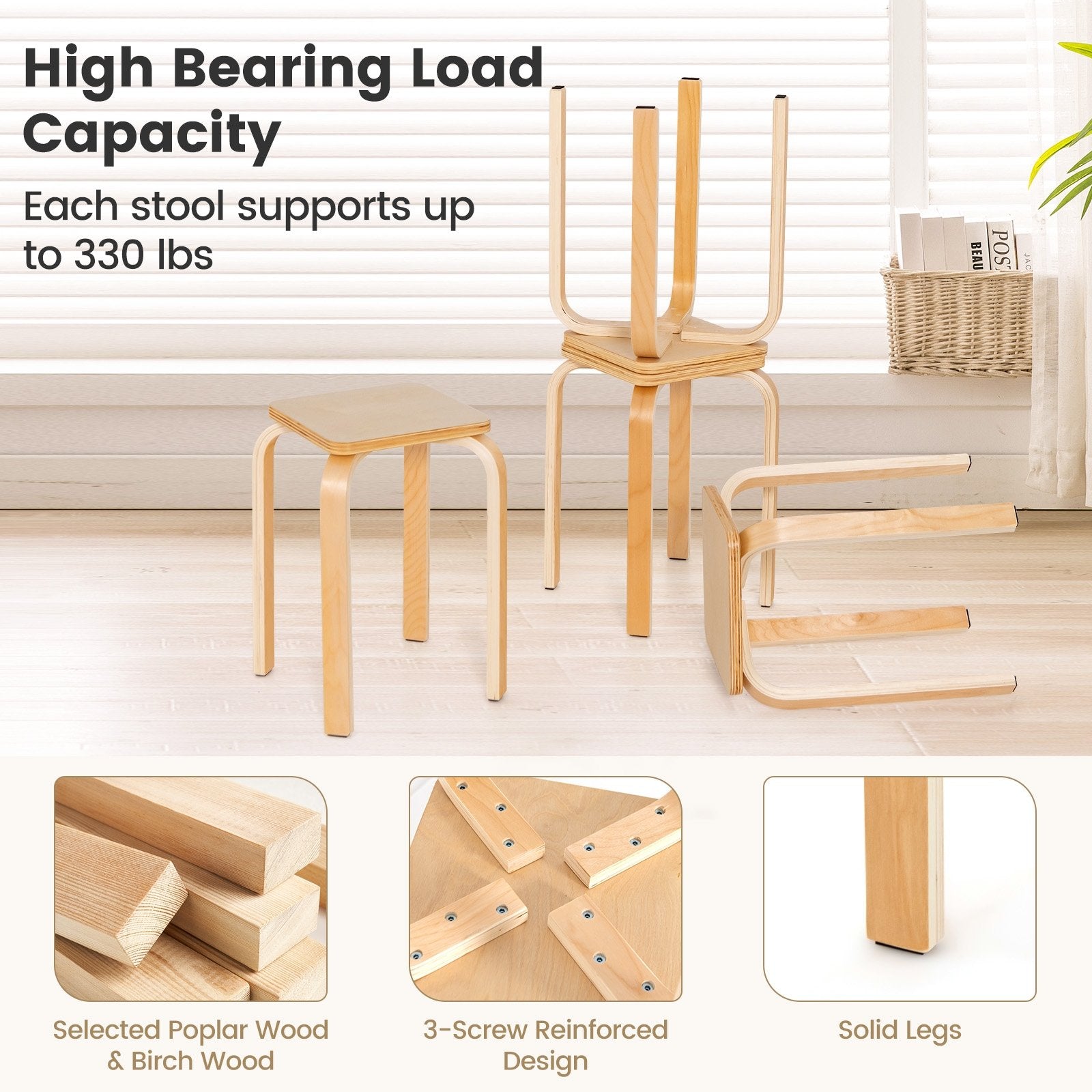 Stackable Stools Set of 4 with Square Top and Rounded Corners, Natural Dining Chairs   at Gallery Canada