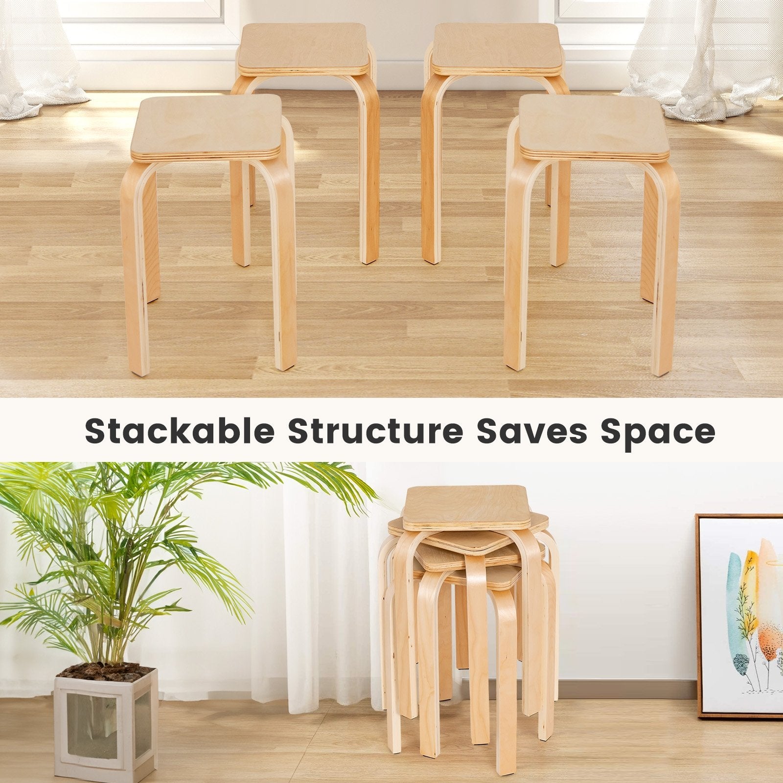 Stackable Stools Set of 4 with Square Top and Rounded Corners, Natural Dining Chairs   at Gallery Canada