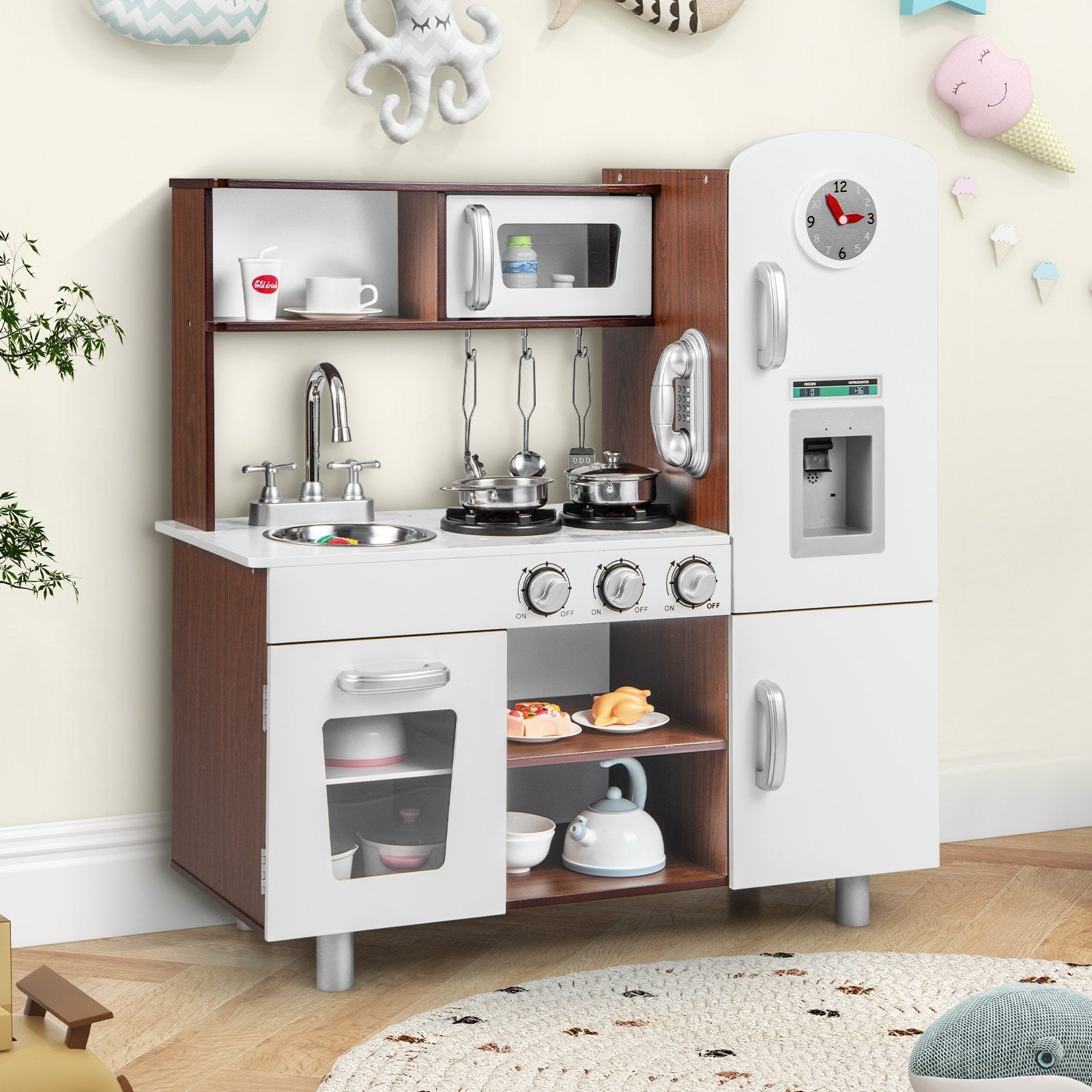 Kids Kitchen Playset with Realistic Sounds and Lights, Brown & White Play Kitchen Sets   at Gallery Canada