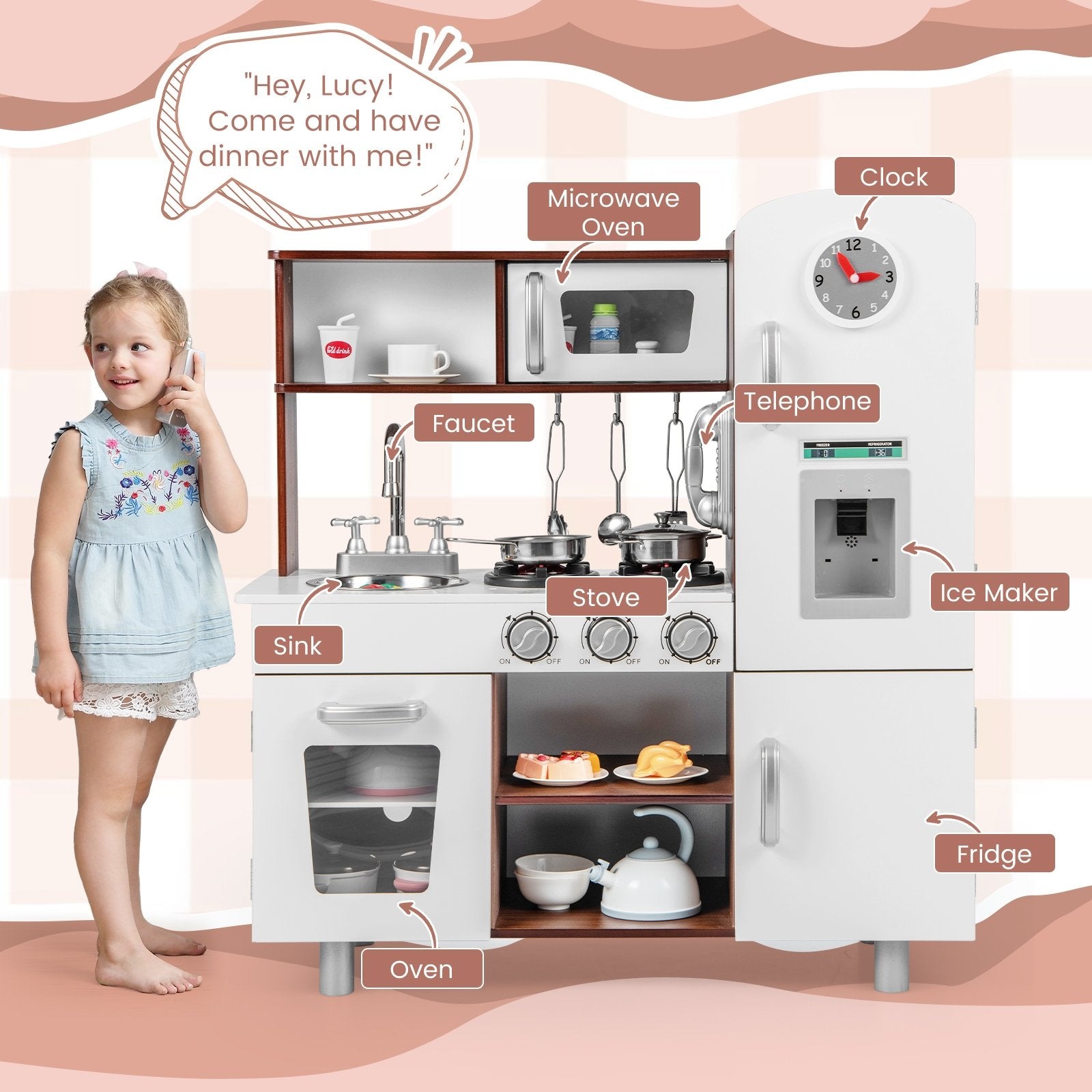 Kids Kitchen Playset with Realistic Sounds and Lights, Brown & White Play Kitchen Sets   at Gallery Canada