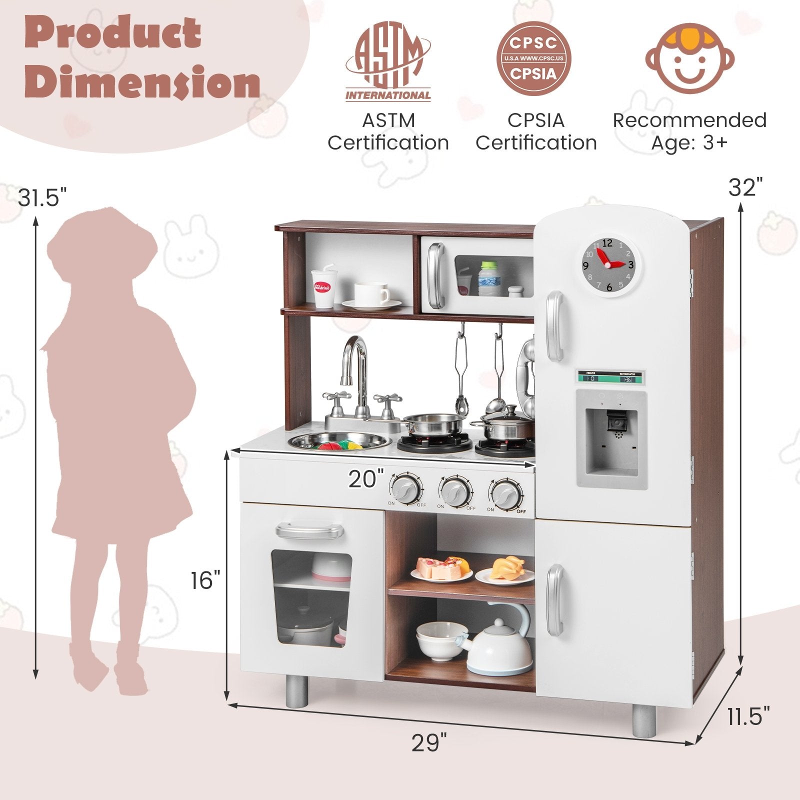 Kids Kitchen Playset with Realistic Sounds and Lights, Brown & White Play Kitchen Sets   at Gallery Canada