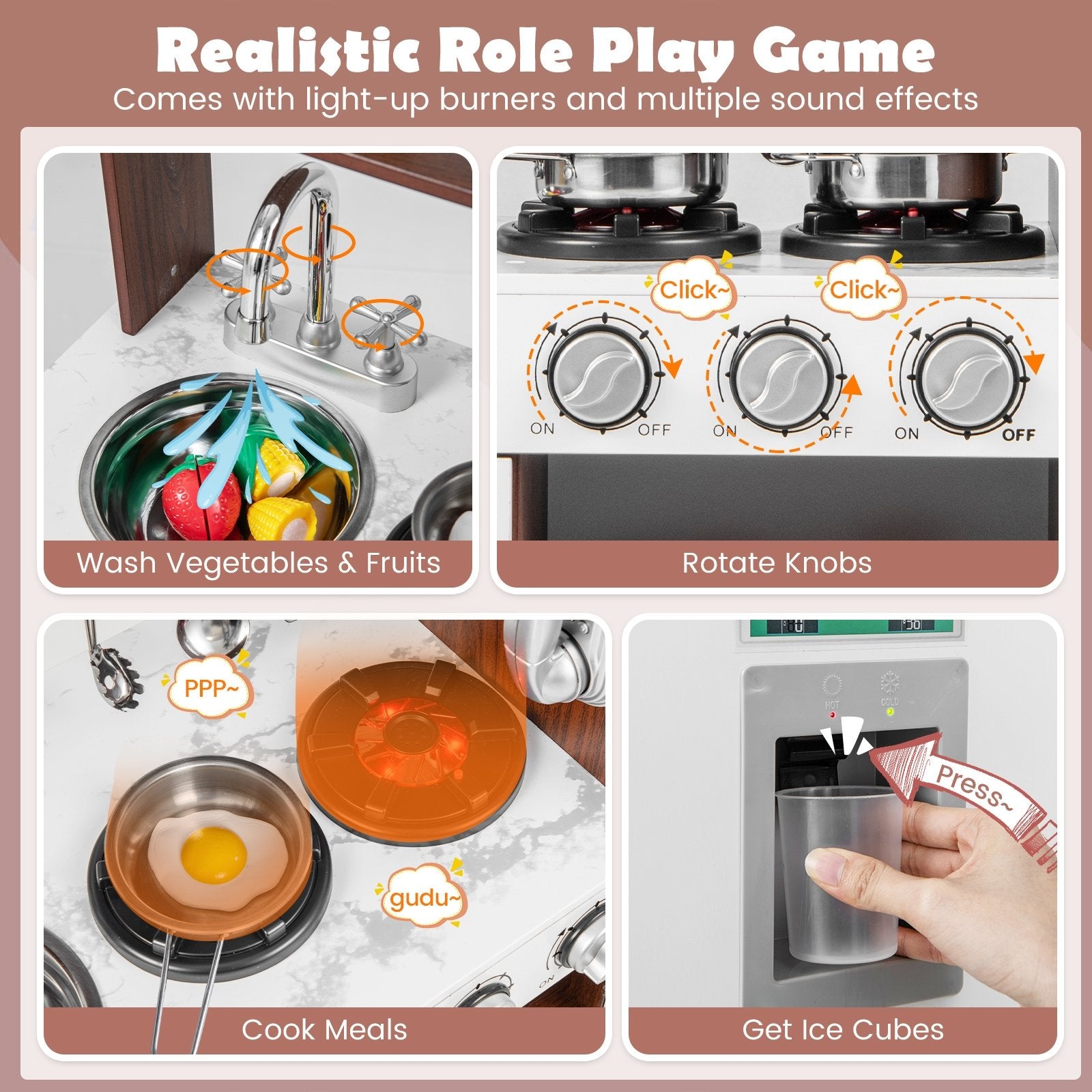 Kids Kitchen Playset with Realistic Sounds and Lights, Brown & White Play Kitchen Sets   at Gallery Canada