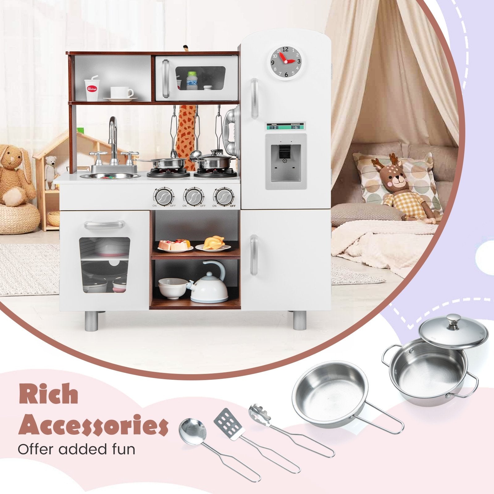 Kids Kitchen Playset with Realistic Sounds and Lights, Brown & White Play Kitchen Sets   at Gallery Canada