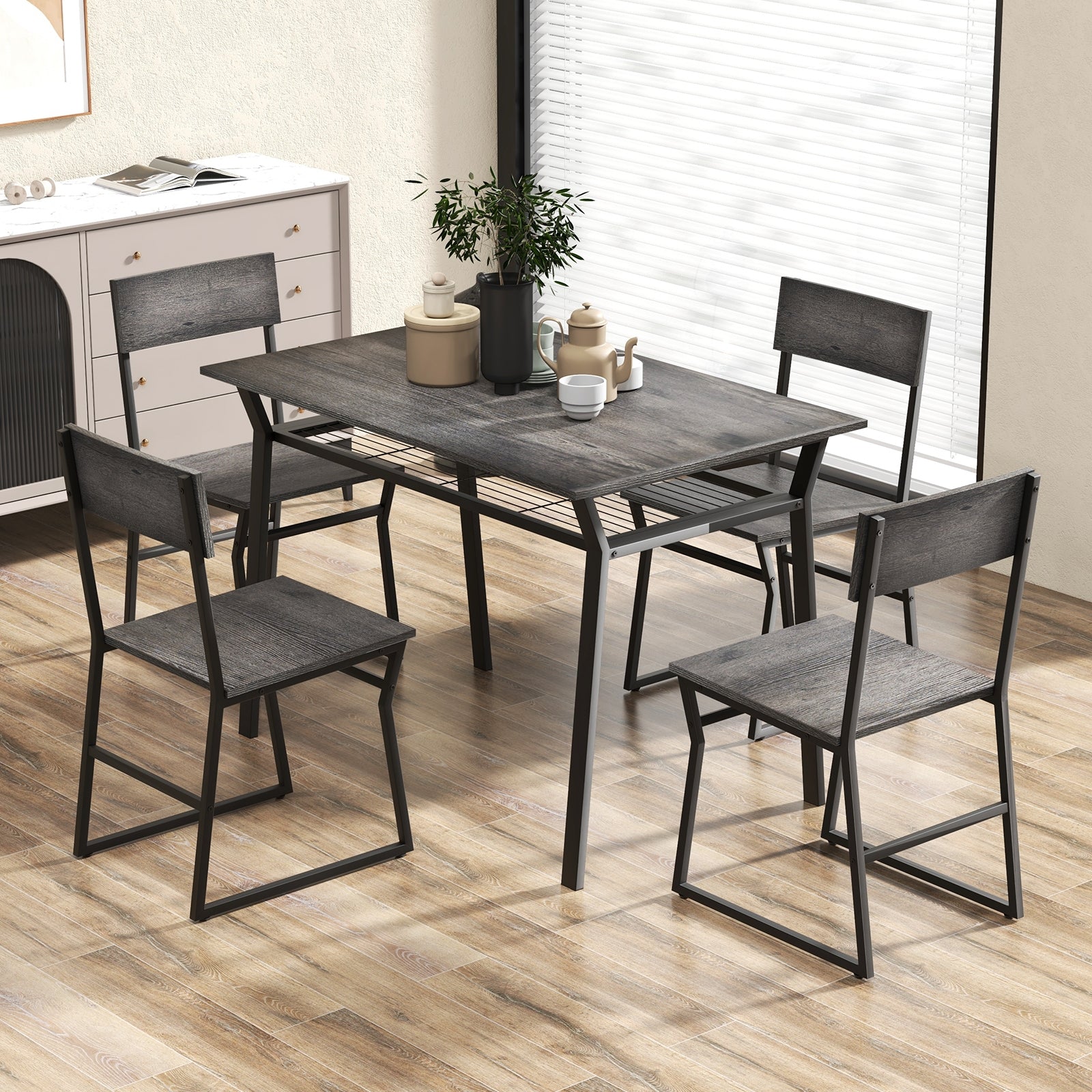 5 Piece Dining Table Set with Storage Rack and Metal Frame, Gray Dining Room Sets at Gallery Canada